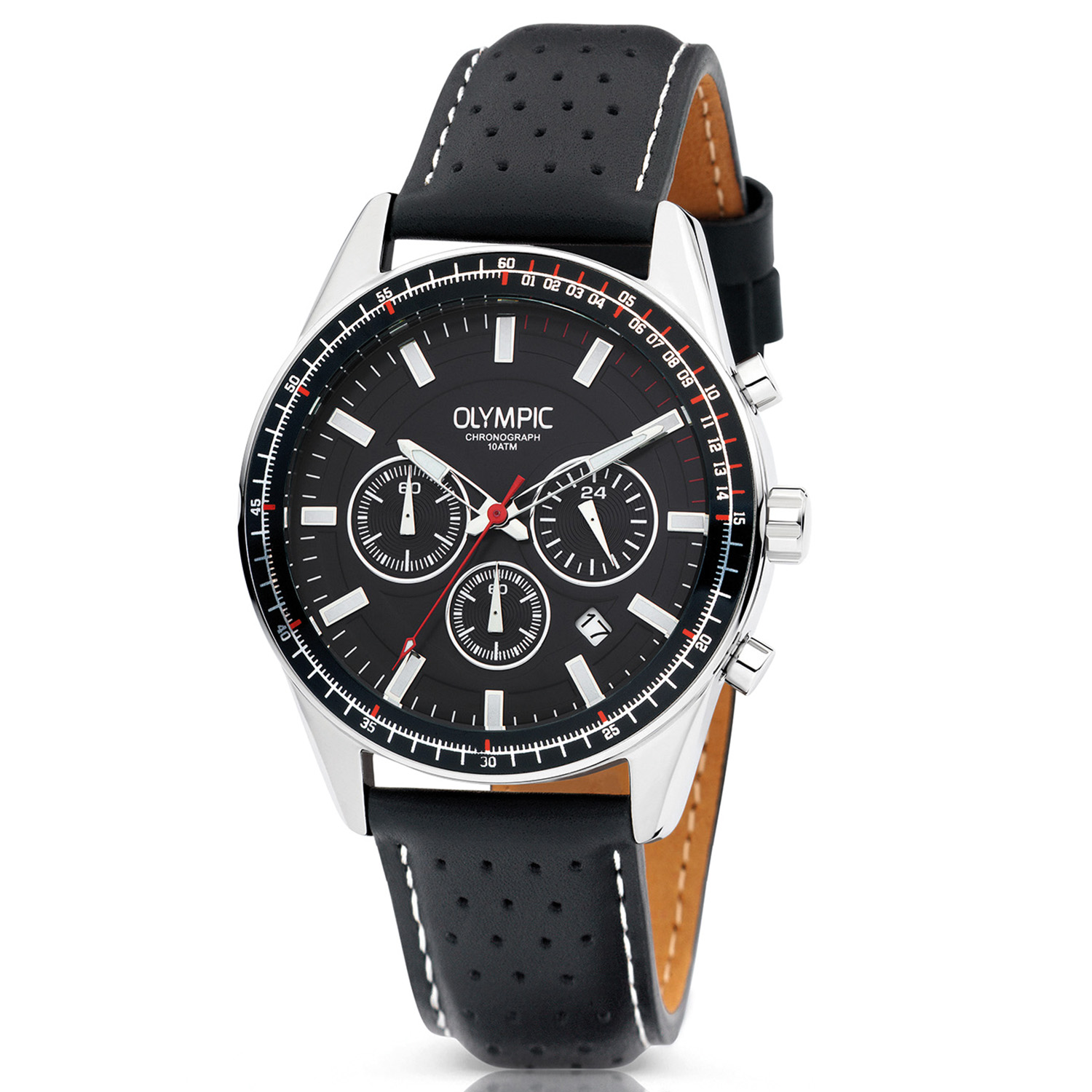 Olympic OL72HSL076 MASON Horloge - Staal - Leer - Zwart - 44mm 
Dit unieke Olympic horloge met artikelnummer: OL72HSL076 is een herenhorloge met chronograaf en heeft een sportieve uitstraling. De stalen kast heeft een zwarte bewerkte bezel en een zwarte wijzerplaat met een datum en chronograaf. De uursaanduiding is opvallend door de lumibrite strepen en wijzers. De rode accenten geven het horloge een sportief uiterlijk. Aan de stalen kast zit een zwarte lerenband met een gespsluiting. Het horloge heeft een mineraalglas, een doorsnee van 44mm en is 10ATM.

Waterdichtheid 10ATM
Dit horloge is bestand tegen water bij het zwemmen en douchen. Dit horloge is niet bestand tegen (grote) waterdruk dus je kunt er niet mee duiken.

Het merk:
Het Nederlandse horlogemerk Olympic levert stoere chronografen, slimline series, digitale uurwerken en elegante dameshorloges. De prijs-kwaliteitverhouding staat bij Olympic hoog in het vaandel met prijzen die uiteenlopen van &euro; 34,95 tot en met &euro; 159,00.

100% Nederlands ontwerp, waterdicht en standaard 3 jaar fabrieksgarantie.

Specificaties:
- Ronde kast &Oslash; 44mm
- Zilverkleurige stalen horlogekast
- Zwarte wijzerplaat
- Zwarte lerenband
- 10ATM 
- Standaard 3 jaar fabrieksgarantie
- Mineraalglas