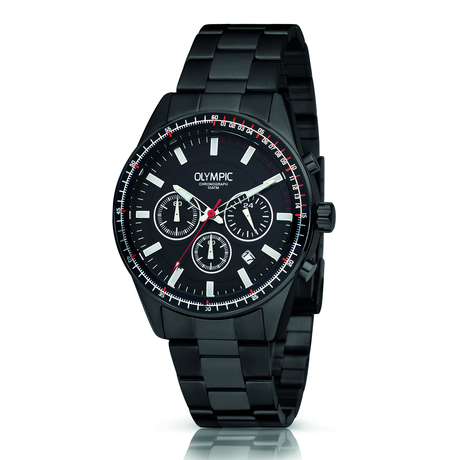 Olympic OL72HZZ002 MASON Horloge - Zwart staal -Bracelet - Zwart - 44mm 
Dit unieke Olympic horloge met artikelnummer: OL72HZZ002 is een herenhorloge met chronograaf en heeft een sportieve uitstraling. De stalen kast heeft een zwarte bewerkte bezel en een zwarte wijzerplaat met een datum en chronograaf. De uursaanduiding is opvallend door de lumibrite strepen en wijzers. De rode accenten geven het horloge een sportief uiterlijk. Aan de stalen kast zit een zwarte stalen schakelband met een vouwsluiting. Het horloge heeft een mineraalglas, een doorsnee van 44mm en is 10ATM.

Waterdichtheid 10ATM
Dit horloge is bestand tegen water bij het zwemmen en douchen. Dit horloge is niet bestand tegen (grote) waterdruk dus je kunt er niet mee duiken.

Het merk:
Het Nederlandse horlogemerk Olympic levert stoere chronografen, slimline series, digitale uurwerken en elegante dameshorloges. De prijs-kwaliteitverhouding staat bij Olympic hoog in het vaandel met prijzen die uiteenlopen van &euro; 34,95 tot en met &euro; 159,00.

100% Nederlands ontwerp, waterdicht en standaard 3 jaar fabrieksgarantie.

Specificaties:
- Ronde kast &Oslash; 44mm
- Zwarte stalen horlogekast
- Zwarte wijzerplaat
- Zwarte stalen schakelband
- 10ATM 
- Standaard 3 jaar fabrieksgarantie
- Mineraalglas