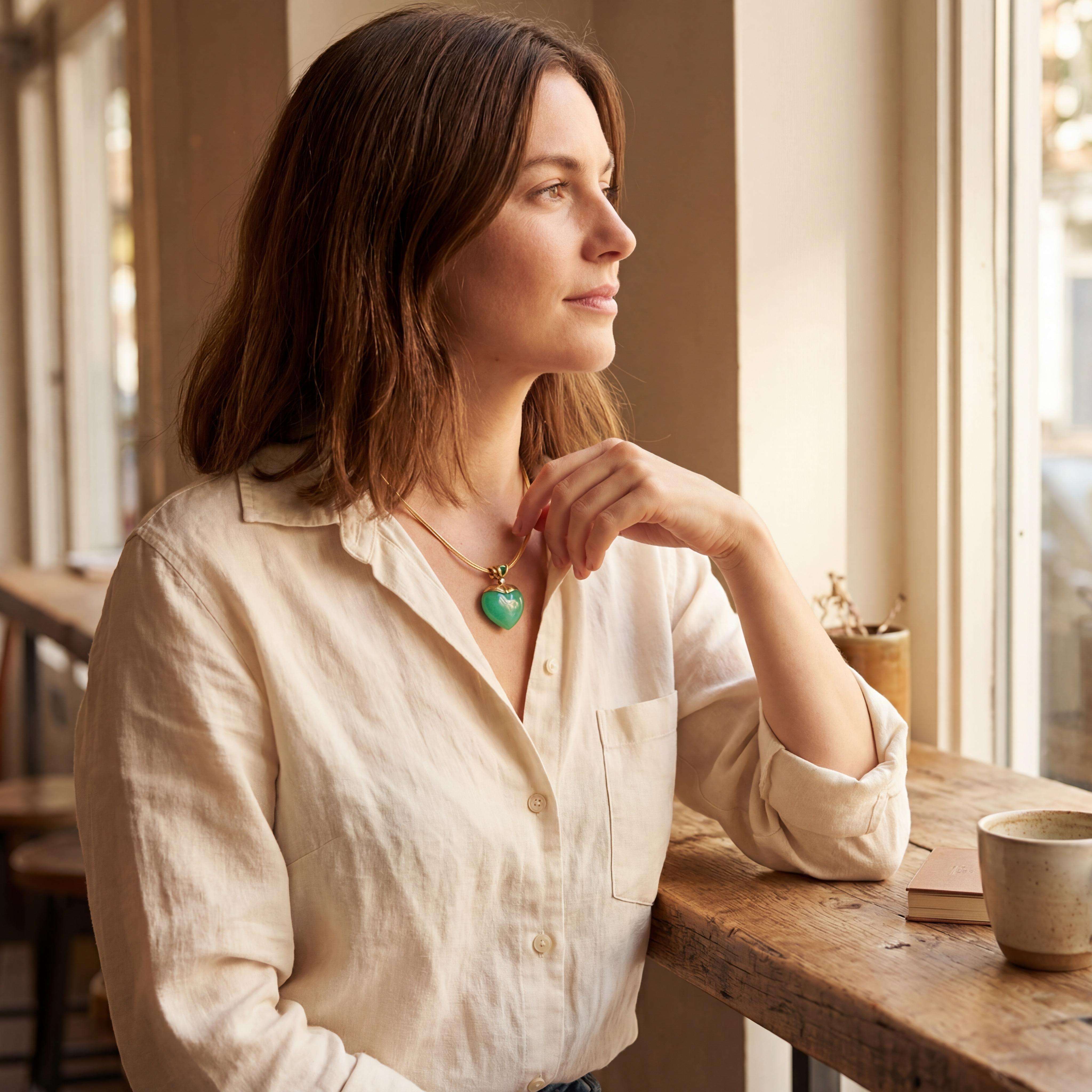 Erfrischend grüner Anhänger, bestehend aus einem Chrysoprasherz, beweglich in Gelbgold 750 gearbeitet, gekrönte von einem Turmalin Triangel und einem kleinen Brillanten. Er ist sehr schön an einer langen Kette zu tragen. Die Schlaufe hat ein Durchgangsmaß von 5,5mm bis 6mm, somit sind eine große Vielfalt von Ketten oder Seilen möglich.

UNIKAT

gefertigt im KISSNER Meisteratelier
Design: Carsten Kissner