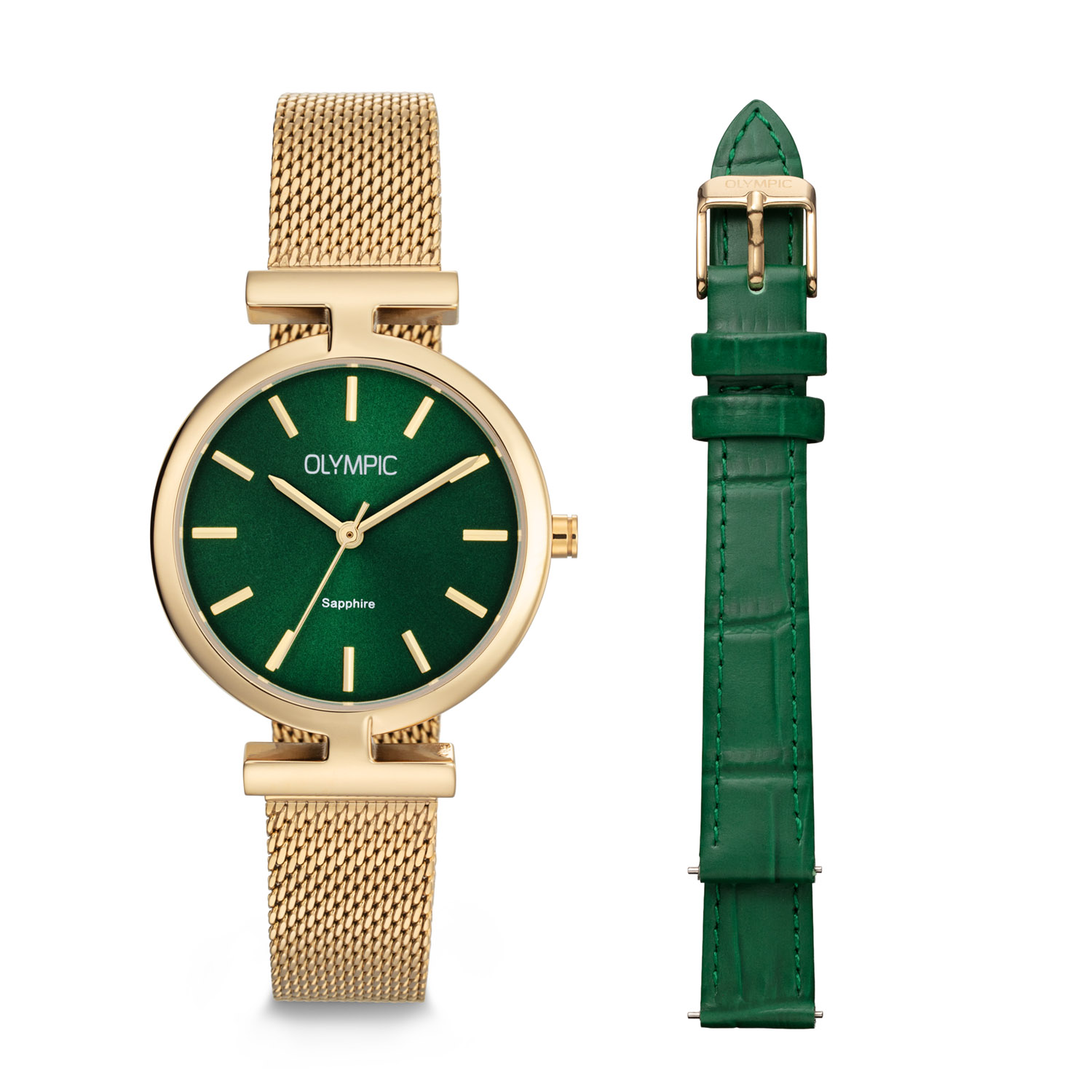 Olympic OL90DDD001 Horizon Horloge Dames Staal 35mm 
Dit unieke Olympic horloge met artikelnummer: OL90DDD001 is een chique dameshorloge. Het horloge heeft een stalen goudkleurige kast met een speciale vaste band aanzet en een groene wijzerplaat met fijne wijzers en strepen. Aan de kast zit een goudkleurige mesh band  met een kliksluiting. Tevens ontvang je bij dit horloge een zwarte lerenband. Beide banden hebben een easy click systeem en zijn dus gemakkelijk zelf om te wisselen. Het horloge heeft een saffierglas, een doorsnee van 35mm en is 5ATM.

Het merk:
Het Nederlandse horlogemerk Olympic levert stoere chronografen, slimline series, digitale uurwerken en elegante dameshorloges. De prijs-kwaliteitverhouding staat bij Olympic hoog in het vaandel met prijzen die uiteenlopen van &euro; 34,95 tot en met &euro; 159,00.

100% Nederlands ontwerp, waterdicht en standaard 3 jaar fabrieksgarantie.

Specificaties:
- Ronde kast &Oslash; 35mm
- Stalen goudkleurige horlogekast
- Groene wijzerplaat
- Stalen goudkleurige milanese band
- 5ATM 
- Standaard 3 jaar fabrieksgarantie
- Saffierglas