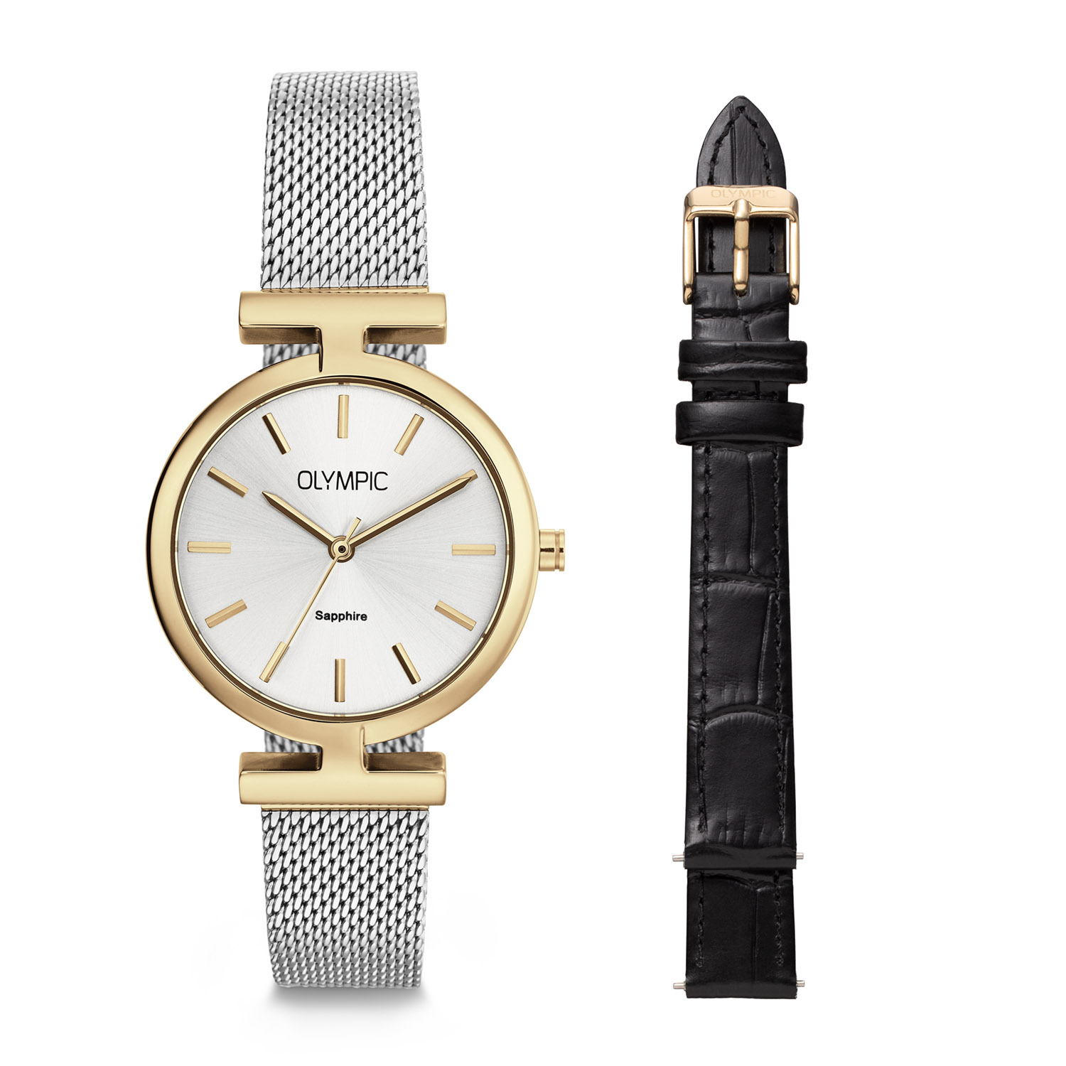 Olympic OL90DDS001B Horizon Horloge Dames Staal 35mm 
Dit unieke Olympic horloge met artikelnummer: OL90DDS001B is een chique dameshorloge. Het horloge heeft een stalen goudkleurige kast met een speciale vaste band aanzet en een zilverkleurige wijzerplaat met fijne wijzers en strepen. Aan de kast zit een zilverkleurige mesh band  met een kliksluiting. Tevens ontvang je bij dit horloge een zwarte lerenband. Beide banden hebben een easy click systeem en zijn dus gemakkelijk zelf om te wisselen. Het horloge heeft een saffierglas, een doorsnee van 35mm en is 5ATM.

Het merk:
Het Nederlandse horlogemerk Olympic levert stoere chronografen, slimline series, digitale uurwerken en elegante dameshorloges. De prijs-kwaliteitverhouding staat bij Olympic hoog in het vaandel met prijzen die uiteenlopen van &euro; 34,95 tot en met &euro; 159,00.

100% Nederlands ontwerp, waterdicht en standaard 3 jaar fabrieksgarantie.

Specificaties:
- Ronde kast &Oslash; 35mm
- Stalen goudkleurige horlogekast
- Zilverkleurige wijzerplaat
- Stalen milanese band
- 5ATM 
- Standaard 3 jaar fabrieksgarantie
- Saffierglas