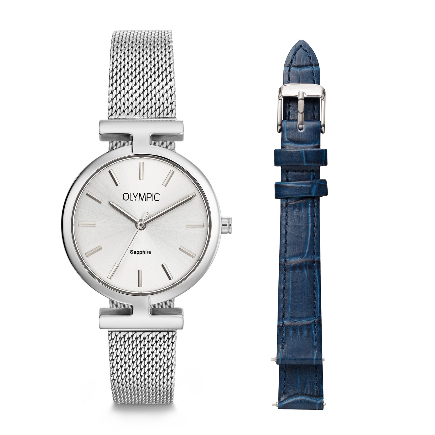 Olympic OL90DSS001 Horizon Horloge Dames Staal 35mm 
Dit unieke Olympic horloge met artikelnummer: OL90DSS001 is een chique dameshorloge. Het horloge heeft een stalen kast met een speciale vaste band aanzet en een zilverkleurige wijzerplaat met fijne wijzers en strepen. Aan de kast zit een zilverkleurige mesh band  met een kliksluiting. Tevens ontvang je bij dit horloge een blauwe lerenband. Beide banden hebben een easy click systeem en zijn dus gemakkelijk zelf om te wisselen. Het horloge heeft een saffierglas, een doorsnee van 35mm en is 5ATM.

Het merk:
Het Nederlandse horlogemerk Olympic levert stoere chronografen, slimline series, digitale uurwerken en elegante dameshorloges. De prijs-kwaliteitverhouding staat bij Olympic hoog in het vaandel met prijzen die uiteenlopen van &euro; 34,95 tot en met &euro; 159,00.

100% Nederlands ontwerp, waterdicht en standaard 3 jaar fabrieksgarantie.

Specificaties:
- Ronde kast &Oslash; 35mm
- Stalen horlogekast
- Zilverkleurige wijzerplaat
- Stalen milanese band
- 5ATM 
- Standaard 3 jaar fabrieksgarantie
- Saffierglas