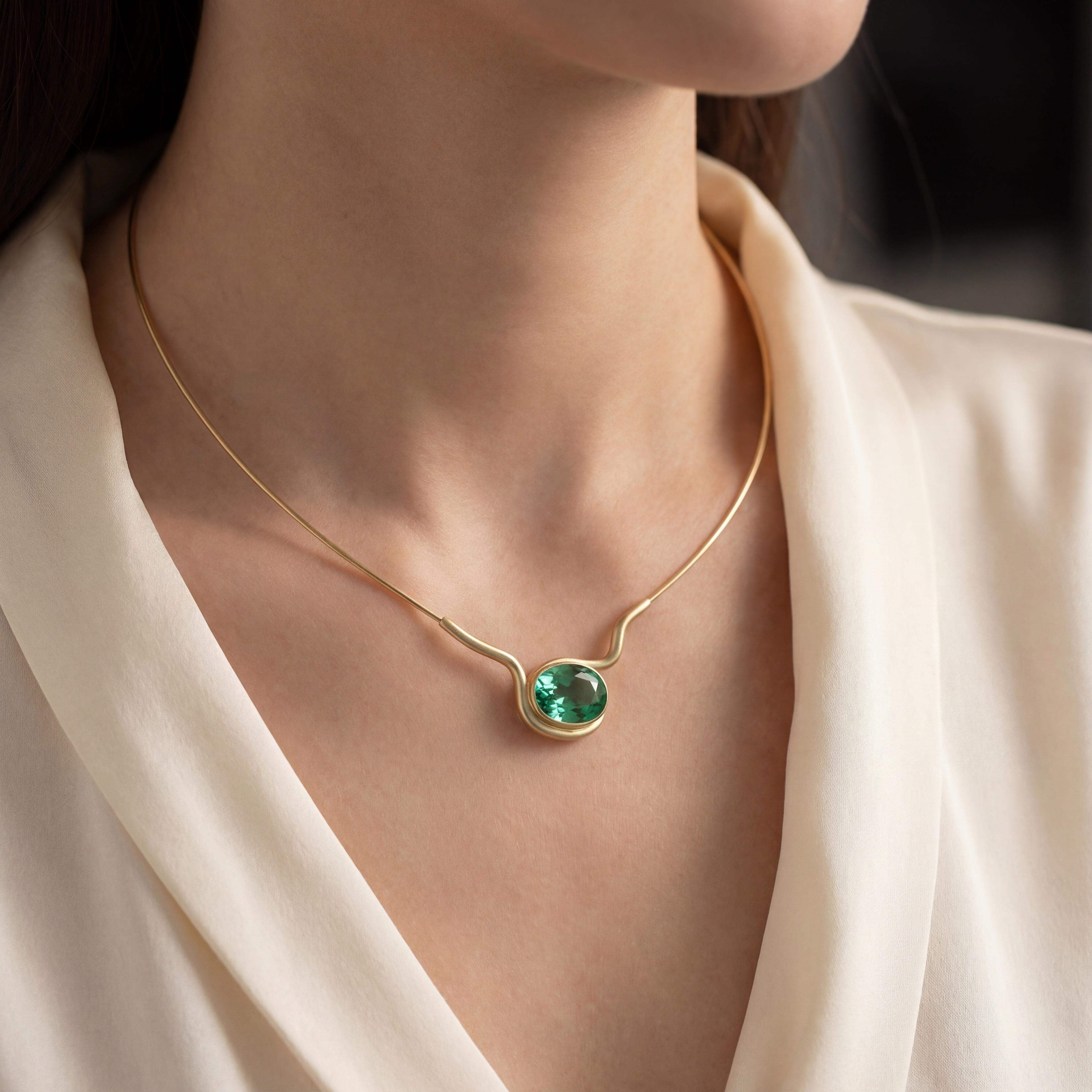 Dieses wunderschöne Juwel besteht aus einem facettierten Turmalin Oval mit einem Gewicht von 7,21 Karat, eingebettet in 750er Gold und integriert in einem elastischen Spiralcollier. Der beste Weg, es zu tragen, ist als atemberaubendes Statement-Stück für besondere Anlässe oder als glamouröses Accessoire für den Alltag. Lassen Sie sich von der Eleganz und Schönheit dieses einzigartigen Schmuckstücks verzaubern.