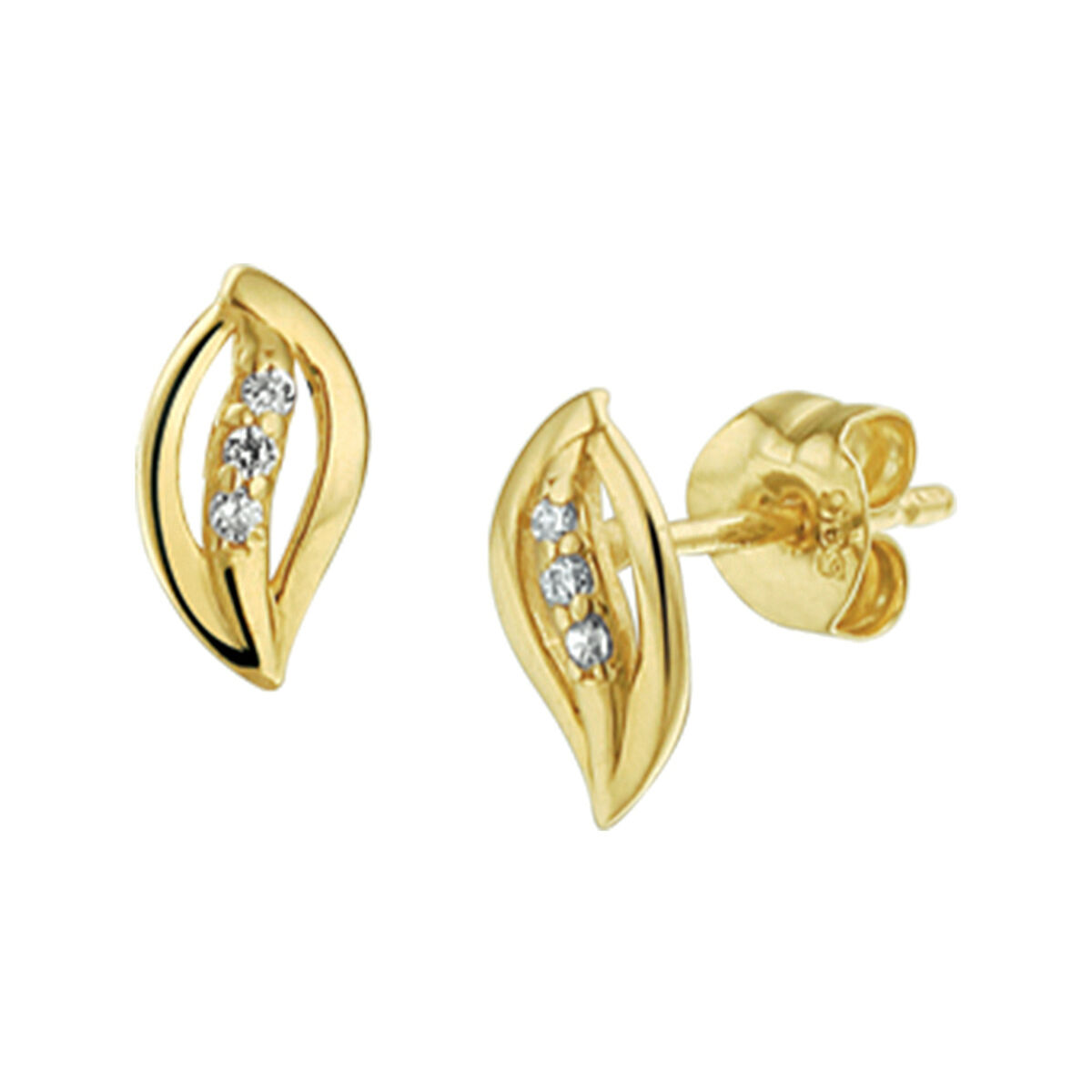 Prachtige 14 karaat geelgouden oorknoppen met 3 banen, waarvan een baan versierd met 3 zirkonia's.