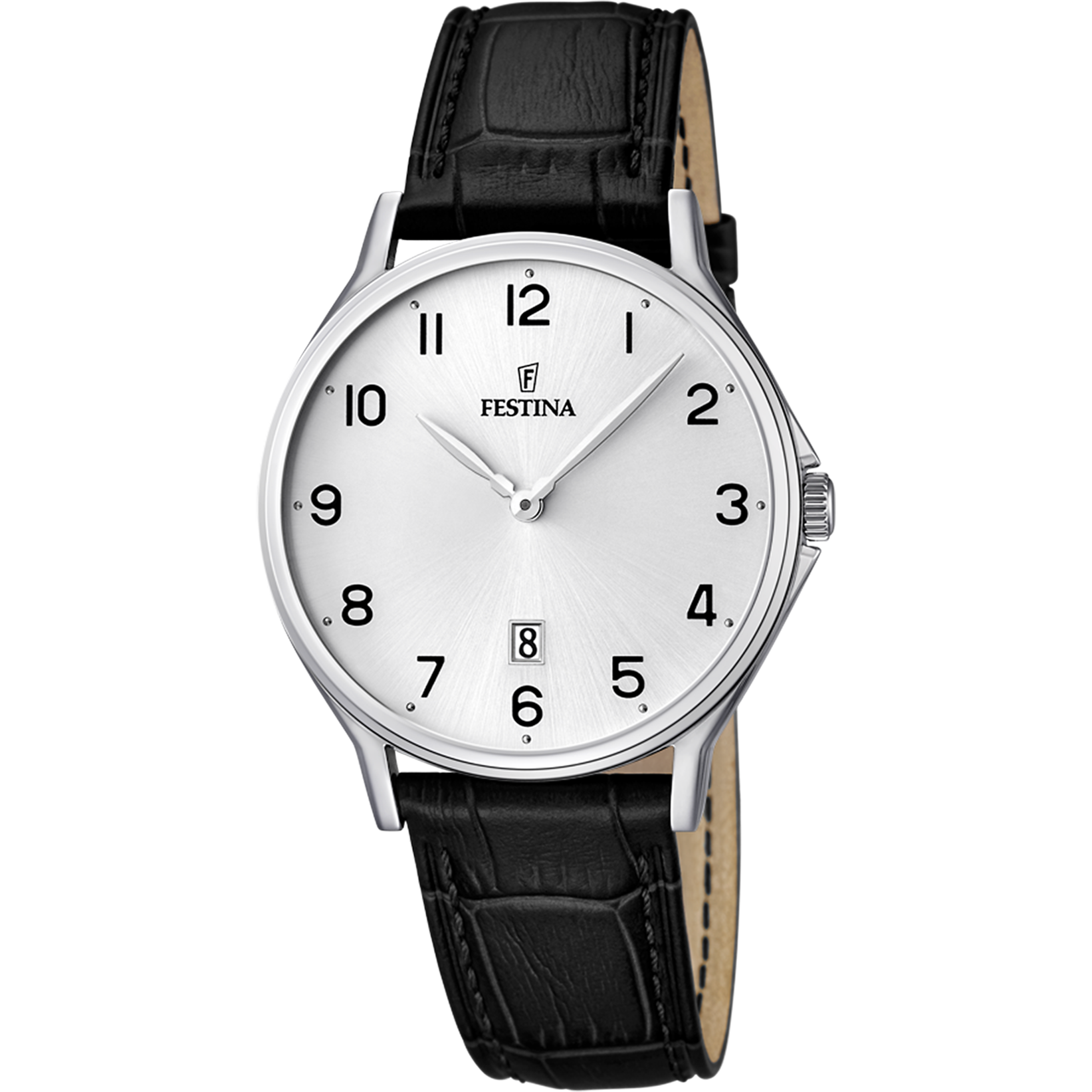 De Festina Classic Heren Horloge F16745/1 is een stijlvol polshorloge met een roestvrijstalen kast van 39 mm en een zwarte lederen band. Het heeft een witte wijzerplaat met Arabische cijfers, analoge aanduiding, datumfunctie en is waterbestendig tot 5 ATM. Draag het dagelijks voor een verfijnde, klassieke uitstraling.