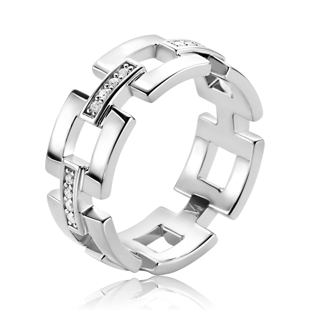 ZINZI zilveren brede schakel ring van 8mm breed met vierkante stoere schakels en schitterende verbindingsstukjes, bezet met witte zirkonia's. Exclusief ontworpen door mode-ontwerper Mart Visser. Deze zilveren ring draagt herkenbaar de signatuur van Mart Visser. Vervaardigd van eerste gehalte zilver (925) en met extra rodiumlaag voor een langdurige glans.