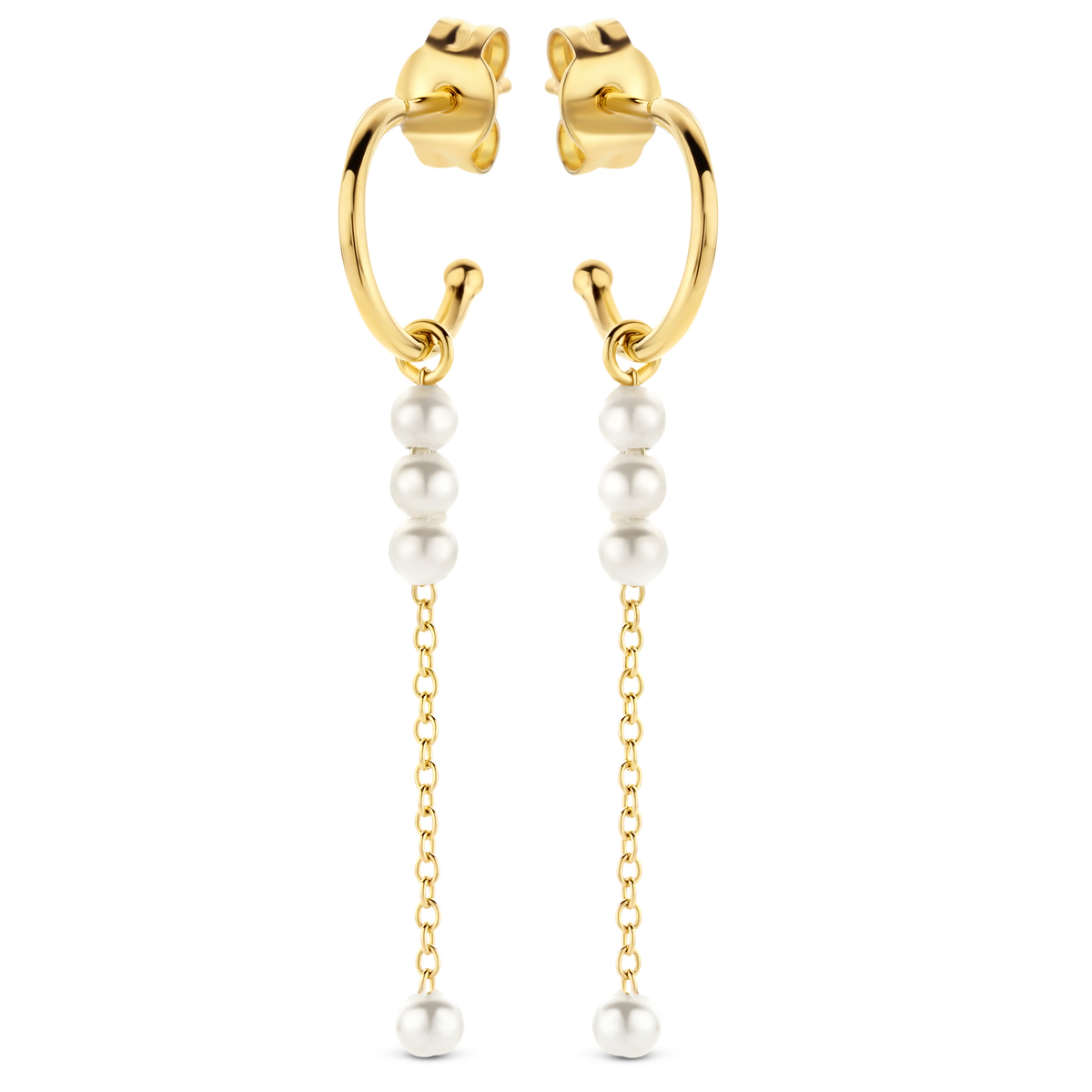 Slingeroorringen geelkleurig met pareltjes