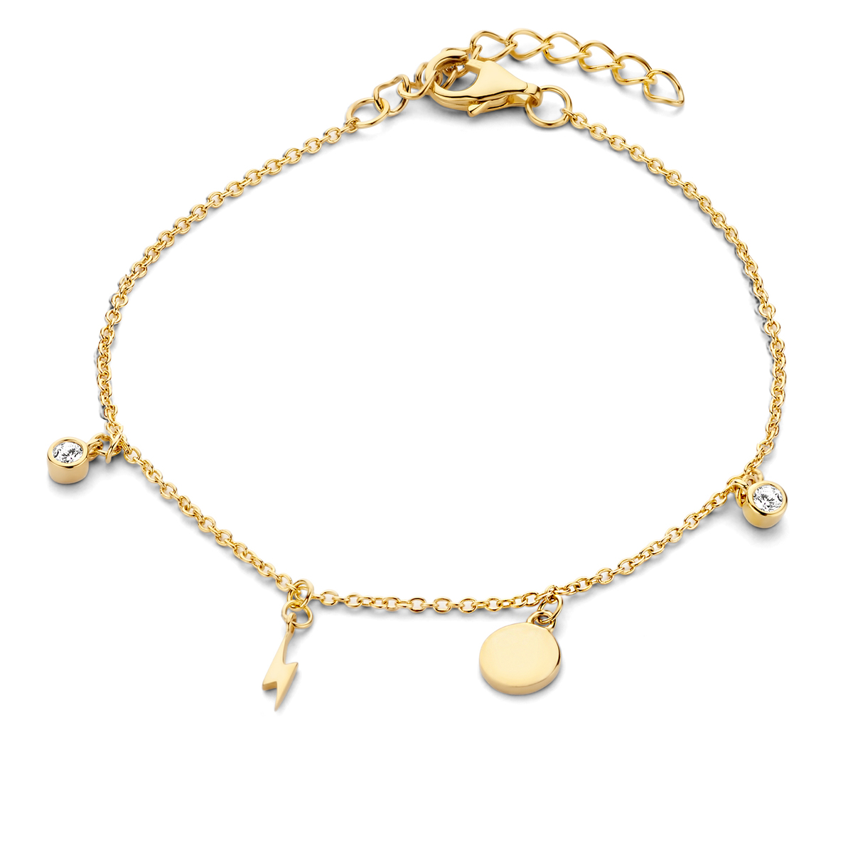 Armband  geelkleurig met aanhangende steentjen en fantasie