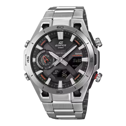 Neem snelheid en slimheid in eigen hand met EDIFICE, een analoog-digitale combinatie op zonne-energie . De SOSPENSIONE ECB-2000 is ge&iuml;nspireerd op de wielophanging van raceauto's en is de eerste EDIFICE met een behuizing van met koolstofvezel versterkt hars, dankzij een uniek ontwerp dat de lugs in een configuratie met vier armen plaatst. Ook de lugs zijn versterkt met koolstofvezel, waardoor zowel het ontwerp als de materialen van dit horloge een ware motorsportgeest hebben. Synchroniseren met uw smartphone via Bluetooth&reg; is een fluitje van een cent. Gebruik de speciale app voor toegang tot de nauwkeurige tijdregistratie die zo belangrijk is voor raceteams, en om de wereldtijd moeiteloos te beheren en stopwatchgegevens die tot op de milliseconde worden gemeten over te brengen naar uw smartphone. De LED Super Illuminator zorgt ervoor dat het bekijken van de analoog-digitale wijzerplaat geen enkel probleem is, en het Tough Solar-systeem zorgt ervoor dat het horloge goed opgeladen is. U kunt daardoor zelfs functies met een hoge belasting uitvoeren bij slechts een kleine hoeveelheid licht.