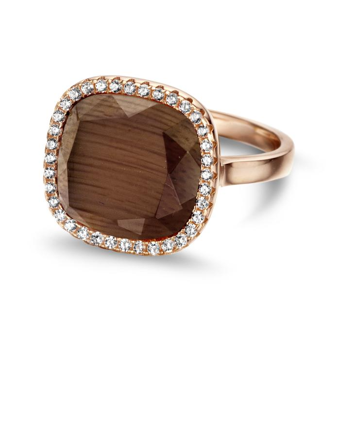ring zilver ros&eacute;kleurig met zirkonia en bruine middensteen