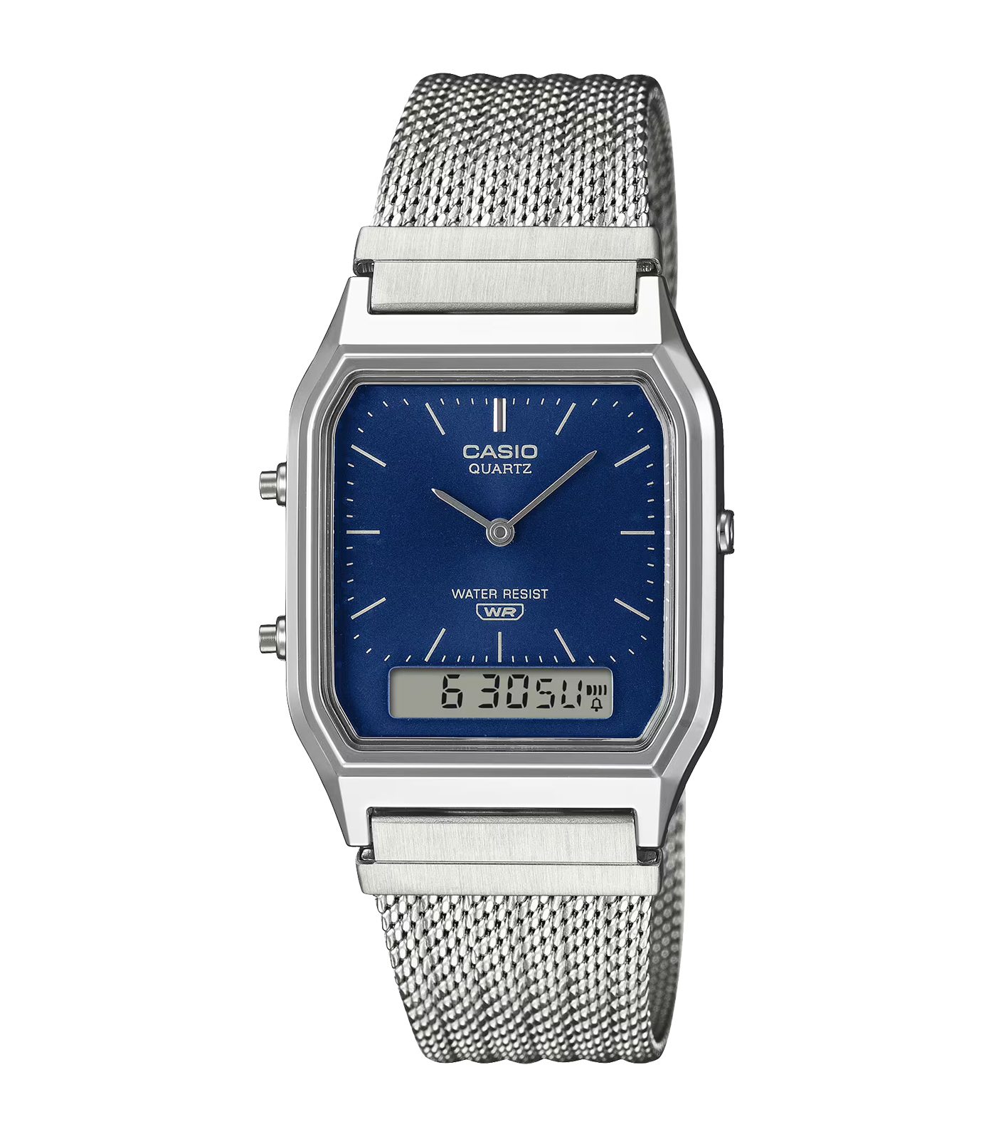 Een bijgewerkte versie van een favoriete klassieker - de analoog-digitale combinatie AQ-230 met hoekige wijzerplaat is stijlvol en elegant met een horlogeband van fijn geweven mesh. 

De mesh horlogeband is behandeld met een speciaal persproces dat diepte en dimensie toevoegt en zorgt voor een verfijnde, vintage look en een volledig comfortabele pasvorm voor je pols. 

Kies een wijzerplaat in marineblauw of een zilverkleur die past bij de zilverkleurige kast. 

Deze klassieke ontwerpen zijn ge&uuml;pdatet met de mesh horlogeband en maken een nog opvallender stijlstatement door de schoonheid van metaalgaas te benadrukken, waardoor ze een verfijnde, elegante uitstraling hebben. 