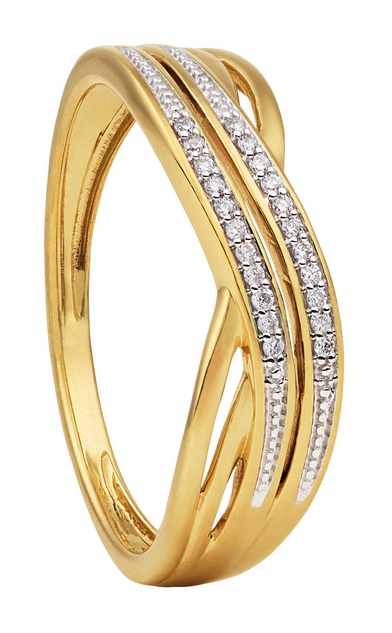 Deze elegante 9 karaat gouden ring is gezet met een centrale briljant geslepen diamant van 0.05 ct in de kwaliteit G&ndash;SI, waardoor hij een heldere en verfijnde schittering geeft.
Aan weerszijden wordt de diamant omlijst door twee rijen fijne diamantjes, die de ring een extra luxe en sprankelende uitstraling geven.

Het ontwerp combineert subtiele elegantie met moderne glamour, ideaal voor dagelijks dragen maar ook perfect als cadeau of symbolische ring.