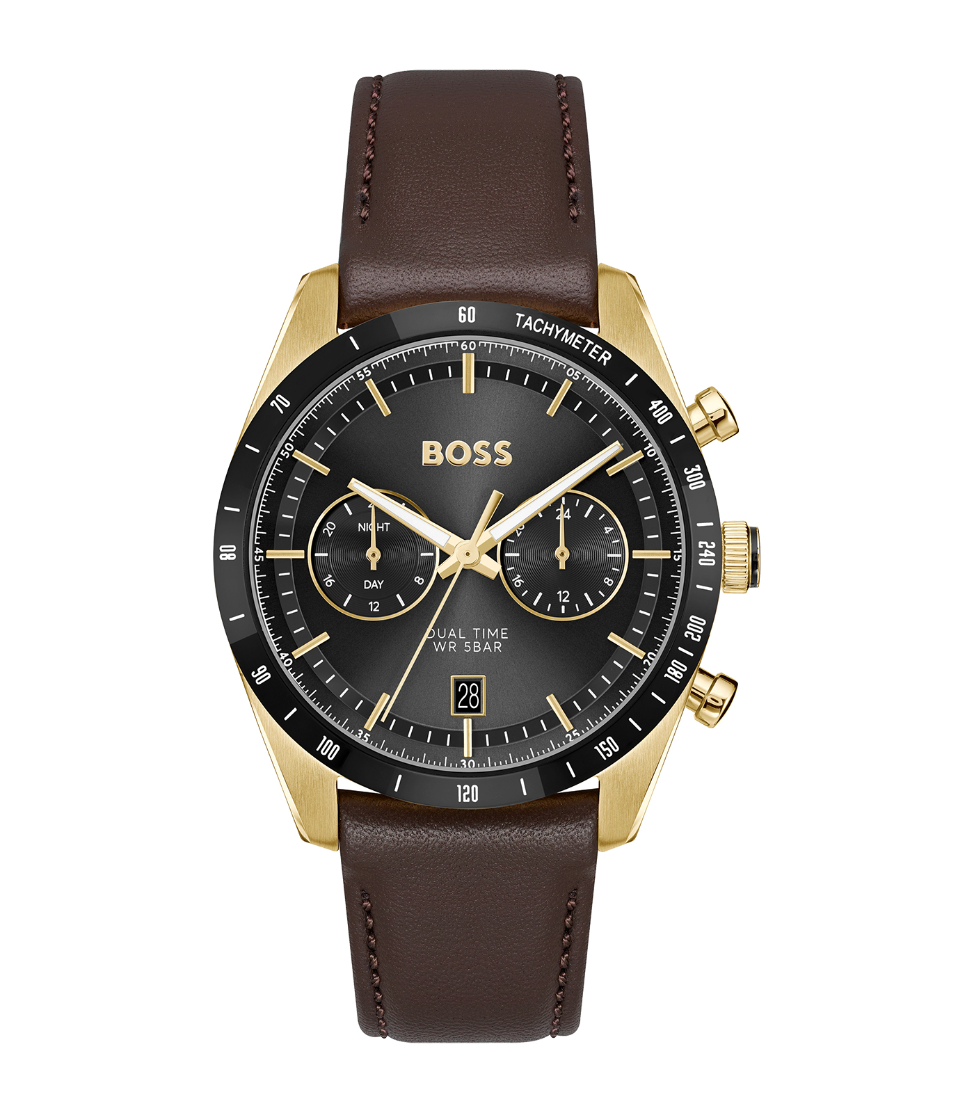 Hugo Boss Heren Chronograaf 1514285 heeft een roestvrijstalen kast met goudkleur, bruine lederen band, en een zwarte wijzerplaat met streepindexen. Uitgerust met een datumfunctie en kwartshorloge, is hij analoog en nikkelvrij met mineraal glas. Waterdicht tot niveau 5, ideaal te dragen bij zowel formele als casual gelegenheden. Perfect voor stijlvolle heren die van elegantie houden.