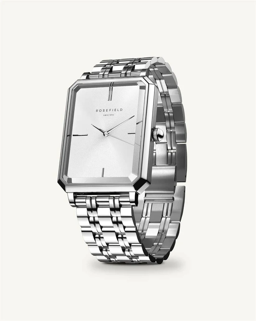 Rosefield horloge, The Octagon White Sunray Steel Silver