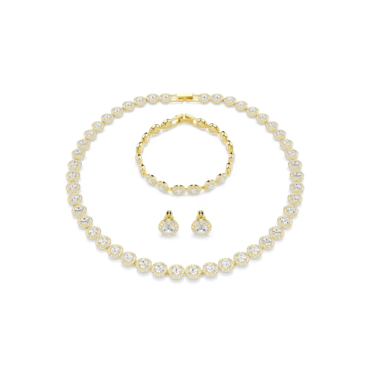 Trakteer uzelf of een speciaal iemand op een lichtgevende sieradencombinatie met deze prachtige set bestaande uit een ketting, oorbellen en armbanden. De gemakkelijk te dragen stukken zijn voorzien van heldere kristallen in een goudkleurige toplaag, wat een tijdloos ontwerp oplevert dat een ideaal geschenk of een prachtige bruidsaccessoire zou zijn.
