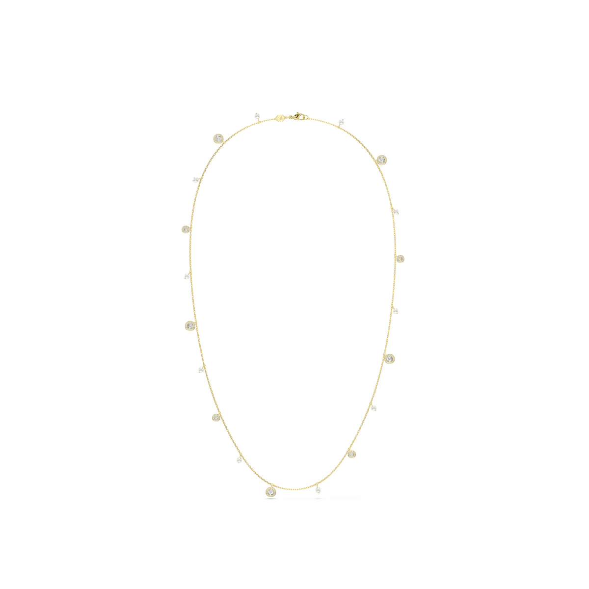 Veelzijdigheid schittert in dit Una-sieraad met goudkleurige toplaag, dat kan worden gedragen als een lange ketting of kan worden ingekort tot een middellange ketting en een delicate armband. Hoe u het ook draagt, de afwisselende combinatie van Swarovski Crystal Pearls en ronde motieven zal uw stijl voorzien van luxe en licht.
