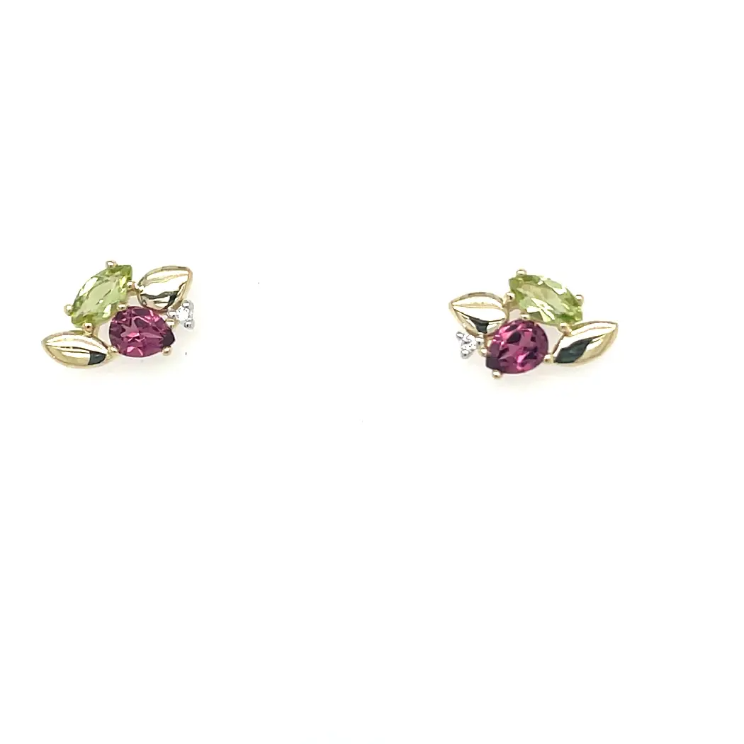 Oorstekers met peridot en rhodoliet en diamant 0.01ct H/P