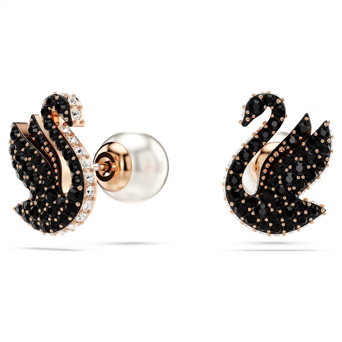 Inspired by the signature emblem of Swarovski, these elegant earrings reveal a swan preparing to take flight. Each rose gold-tone plated piece features a single Crystal Pearl closure, along with a swan motif, expertly decorated with a pav&eacute; of jet black Swarovski ReCreated&trade; crystals. These sophisticated earrings can be worn alone or paired with a matching pendant for maximum glamour.

Article no.: 5684608
Collection:  Swan
Size: 1.2 x 0.9 cm
Material:  Crystals, ReCreated&trade; Crystals, Crystal pearl, Rose gold-tone plated
Color:  Black
Weight (individual piece):  1 g