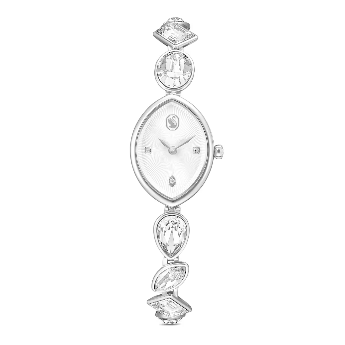 Met zijn fascinerende combinatie van vormen is dit Swarovski-uurwerk ge&iuml;nspireerd op de Gema-sieradenfamilie. De amandelvormige kast is gemaakt van edelstaal en heeft een guilloch&eacute; wijzerplaat met drie kristallen uuraanduidingen en een elegant zwaanembleem. Rond de pols onderscheidt het horloge zich door een verstelbare armbanden bezet met acht verschillende kristallen in diverse slijpvormen. Het is waterbestendig tot 50 meter en een speelse manier om wat stralende geometrie aan uw stijl toe te voegen.