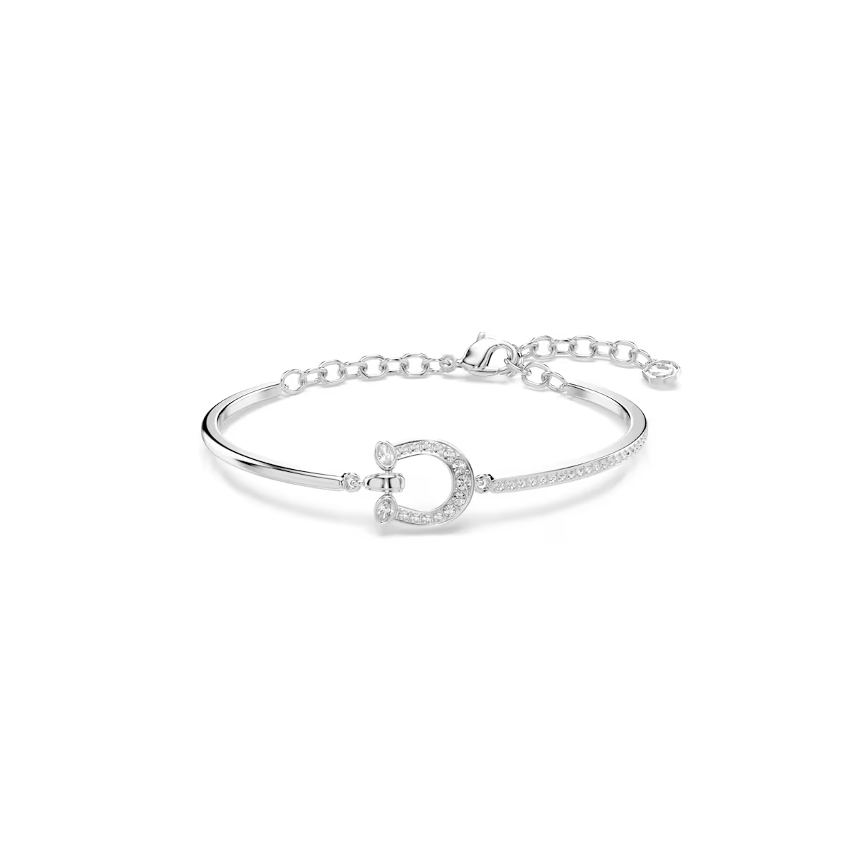 Deze armband met rhodium toplaag symboliseert ambitie en momentum en is voorzien van een hoefijzer in het midden, terwijl de gelede band een verstelbare ketting bevat voor een comfortabele en persoonlijke pasvorm. Draag deze armband als uw eigen geluksbrenger of geef hem cadeau als inspiratie voor snel succes.
