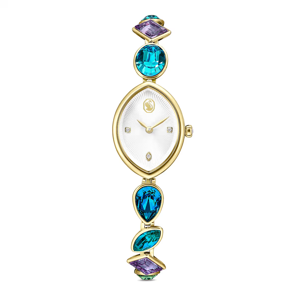 Met zijn fascinerende combinatie van vormen is dit Swarovski-uurwerk ge&iuml;nspireerd op de Gema-sieradenfamilie. De amandelvormige kast is vervaardigd uit edelstaal met een goudkleurige afwerking en heeft een guilloch&eacute; wijzerplaat met drie kristallen uuraanduidingen en een elegant zwaanembleem. Rond de pols onderscheidt het horloge zich door een verstelbare armband bezet met acht verschillende kristallen in diverse slijpvormen en kleuren. Het is waterbestendig tot 50 meter en een speelse manier om wat stralende geometrie aan uw stijl toe te voegen.
