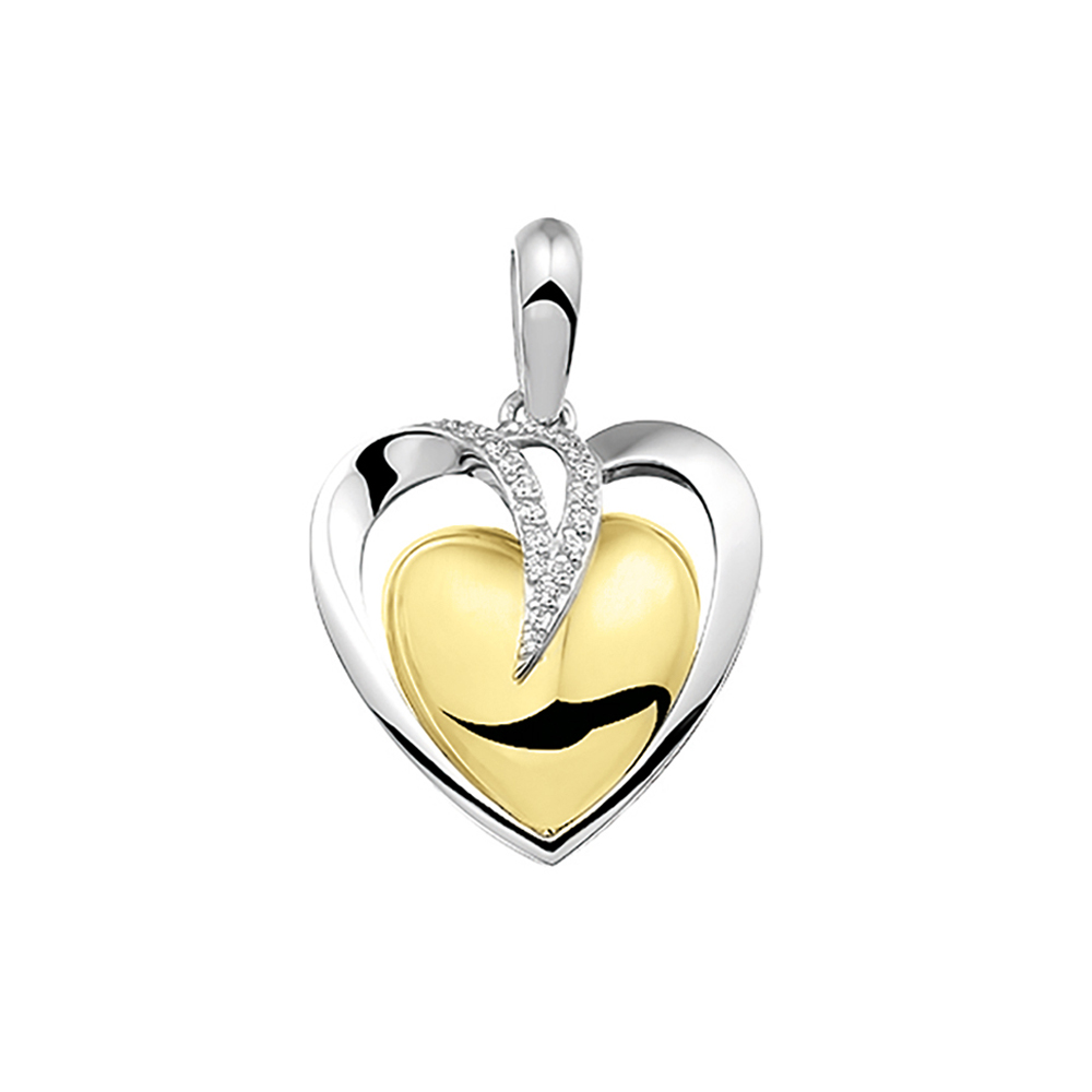 Hart hanger waarvan het binnenste hart is voorzien van een 14 krt geelgouden vergulding. De stenen zijn zirkonia&rsquo;s/diamant. Dit sieraad wordt zichtbaar aan de achterkant gevuld met as of haar en wordt vermengd met onze speciale hars.