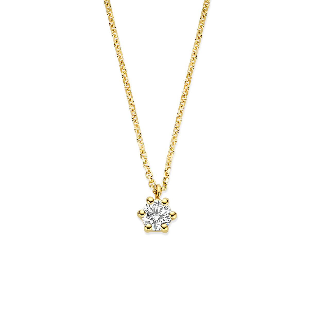 14k Geelgouden collier uitgevoerd met lab grown diamant. Het collier heeft draaglengtes van 40-42-44cm en een schakelbreedte van 0.9mm. Het totale diamantgewicht is 0.15ct. Onder extreem hoge druk en temperatuur wordt het natuurlijk ontstaansproces nagebootst met als eindresultaat een diamant met dezelfde chemische eigenschappen maar met een andere oorsprong.