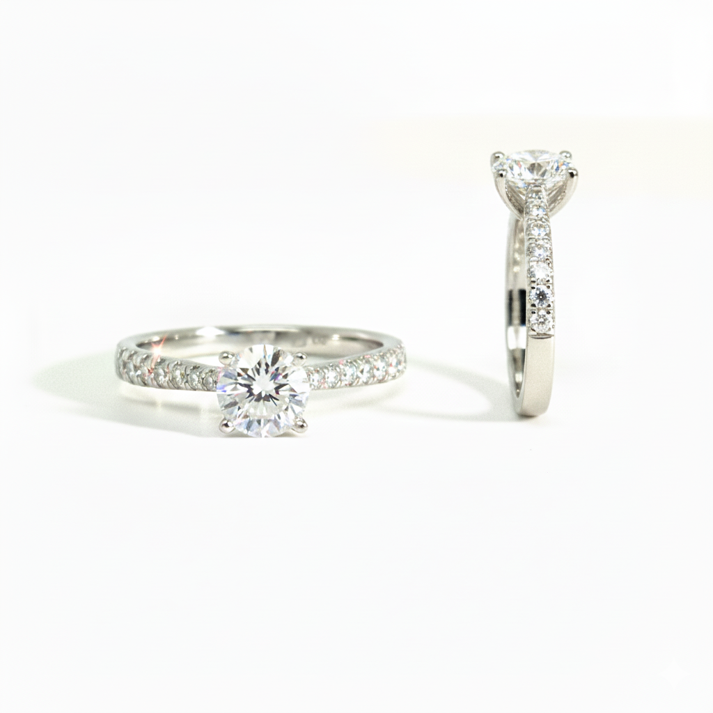 18kt wit gouden ring met LAB grown centrale diamant (briljant geslepen) van 0.71ct D/Vvs2 en in de band 0.22ct briljantjes