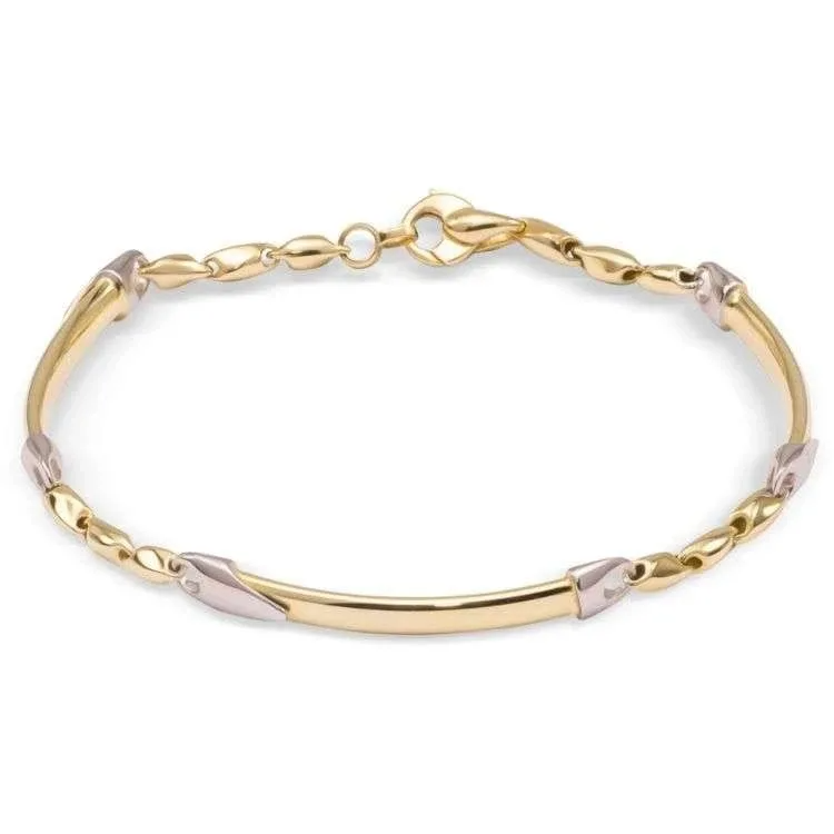 Monzario armband. Uitgevoerd in 14krt bicolor goud bestaande uit een fantasieschakel met 3 naamplaatjes. De armband heeft een lengte van 19cm