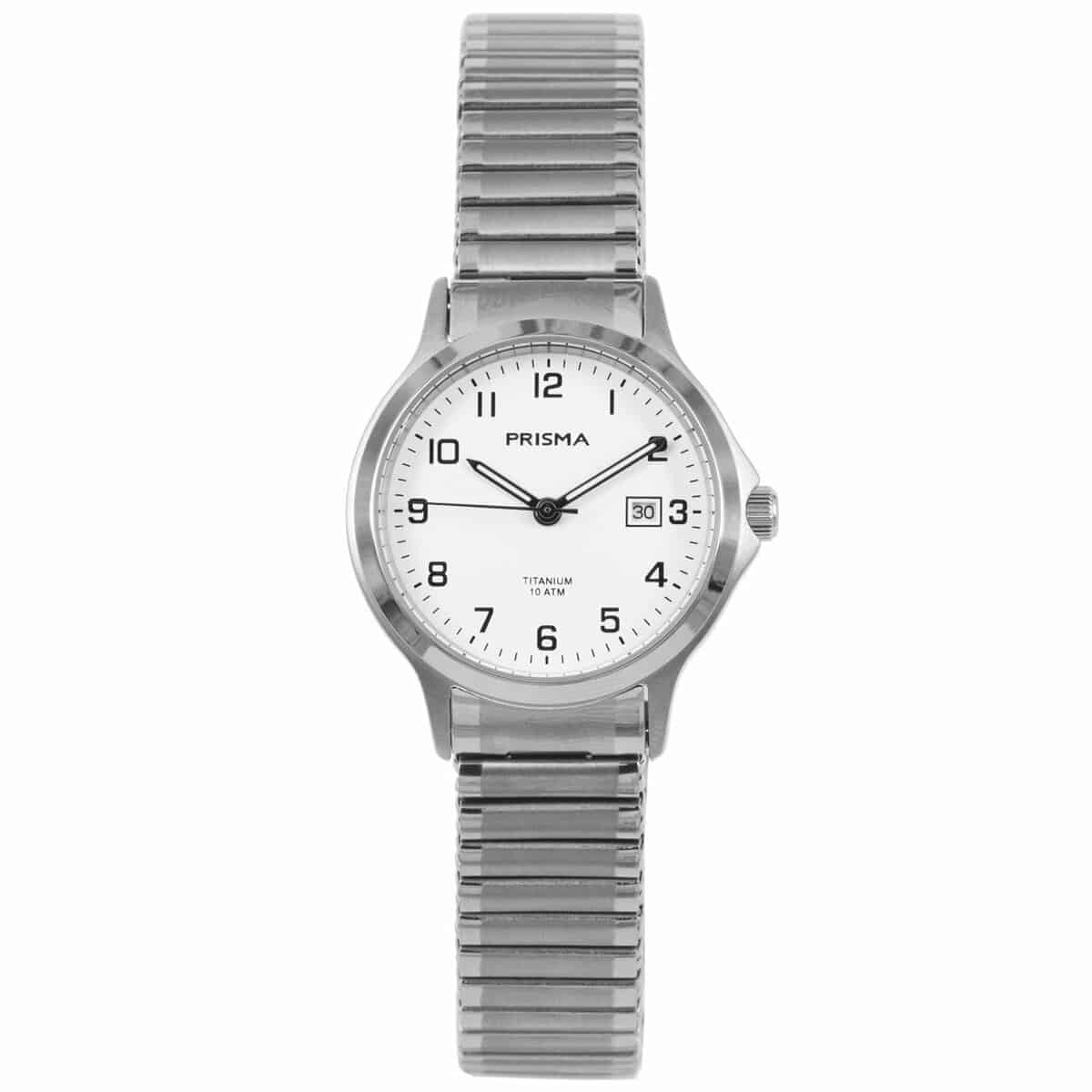 Prisma P1716 dames horloge titanium 10 ATM 		
		
Algemeen		
Geslacht: dames		
Model: P.1716		
		
Voordelen		
- rekband sluit naadloos aan op de huid		
- band titanium zilver		
- wijzerplaat wit met zwarte cijfers (arabisch)		
- geschikt voor mensen met een allergie		
- draagcomfort door licht gewicht		
- boven gem. waterdicht: zwemmen/duiken		
- wijzers lichten op in donker		
- quartz		
- maat kast 29mm (breedte) 8,6mm (dikte)	
		
