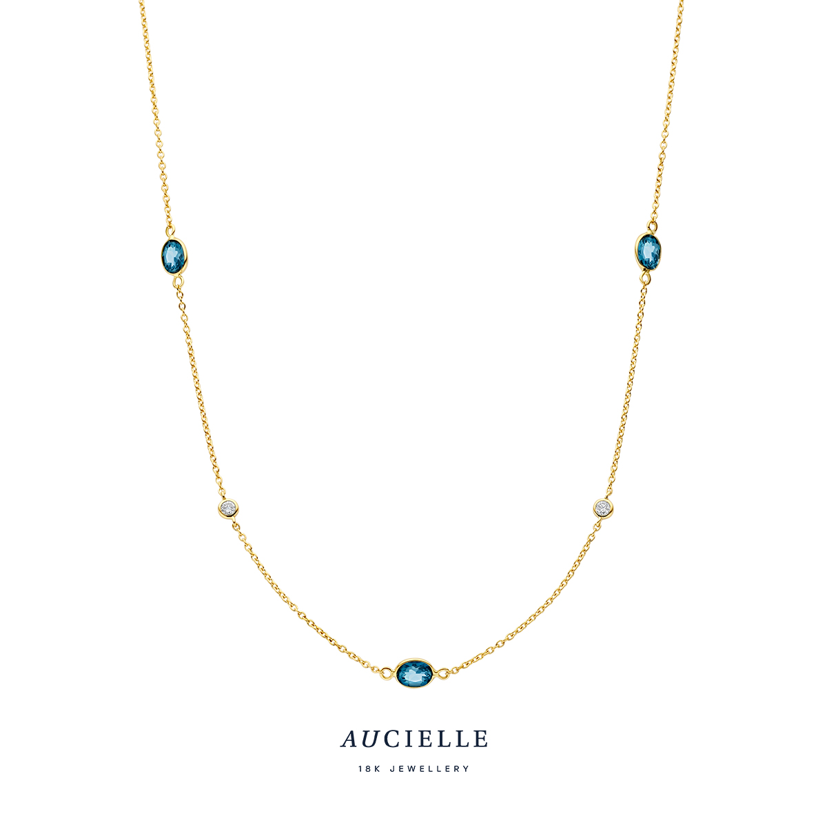 Aucielle collier goud 18k met natuurlijke diamant en London Blue Topaz