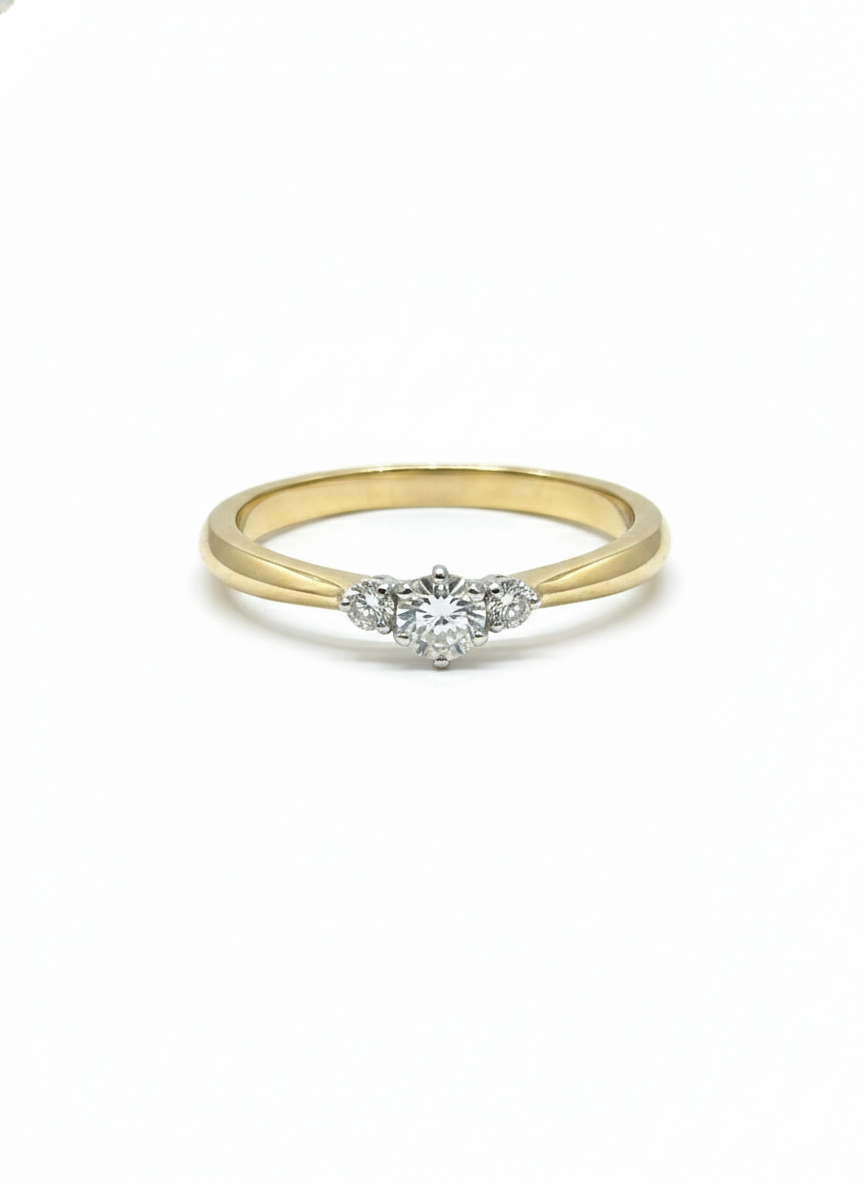 De gouden Trilogy diamanten ring, modelnummer GBG0446, is een verfijnde verlovingsring van 14-karaats goud met een briljant geslepen diamant van 0,14 karaat, SI1 puurheid en G-kleur. Perfect als verlovingsring, deze gouden ring straalt luxe en elegantie uit. Draag hem dagelijks of bij speciale gelegenheden voor een stijlvolle look. Ringmaat: 54, nieuw en glanzend.