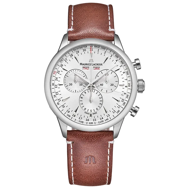 Dit is een horloge van het merk Maurice Lacroix gemaakt voor heren.
De specificaties zijn als volgt:
Kastmaat: 40 mm
Kastdikte: 10 mm
Waterdichtheid: 10 ATM / 100 Meter / 330 Feet
Dit horloge heeft de volgende functies/eigenschappen:
Chronograaf
Datumaanduiding
Dagaanduiding
Maandaanduiding
Tachymeter