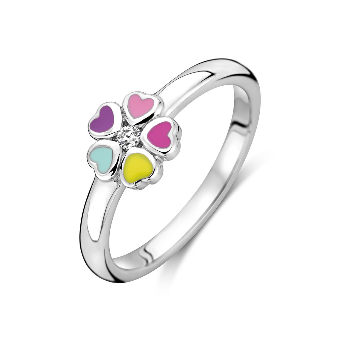 Gerhodineerd 925 zilveren ring uitgevoerd met zirkonia en een bloem. De ring heeft een breedte van 6mm.