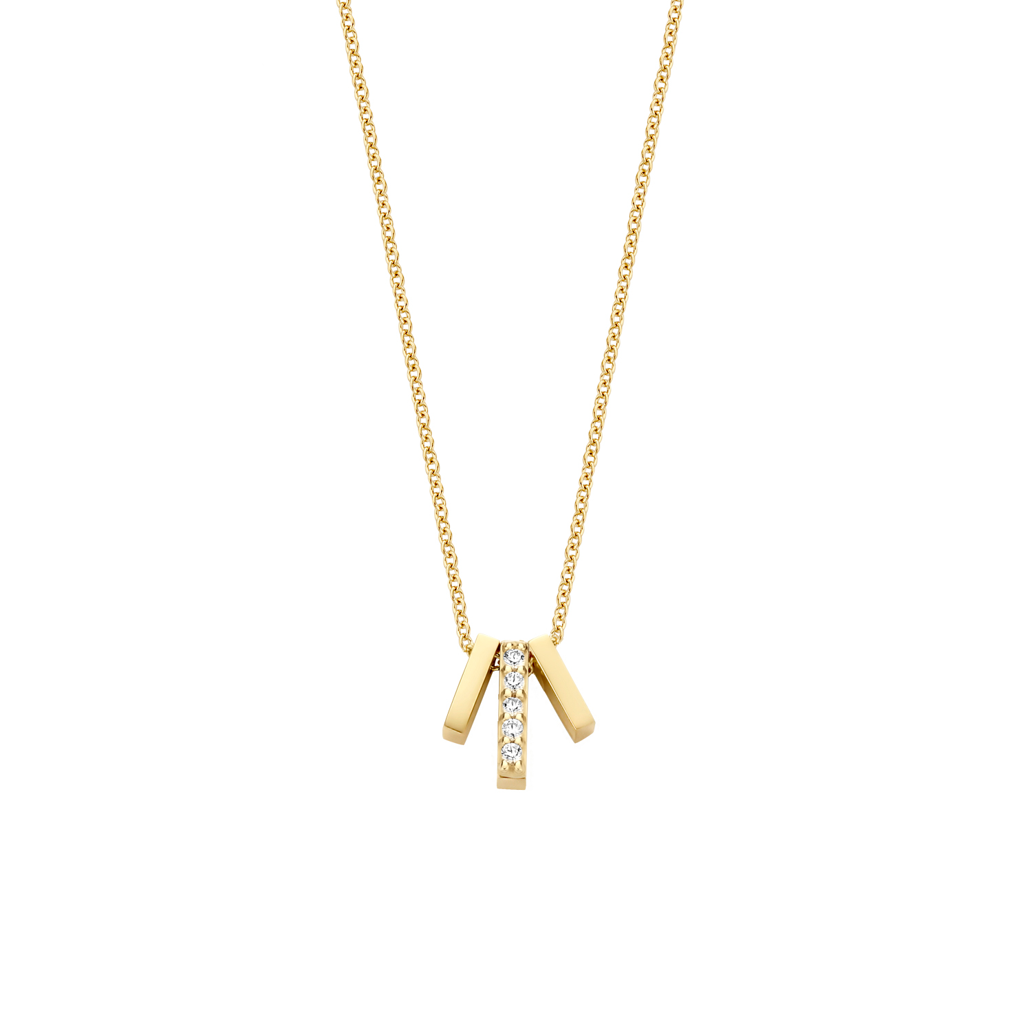 Dit bijzondere collier van 14k geelgoud bestaat uit een schakelketting en een modern vormgegeven hanger bezet met briljant geslepen zirkonia. Schitterend op zichzelf of in combinatie met andere sieraden uit onze collectie.