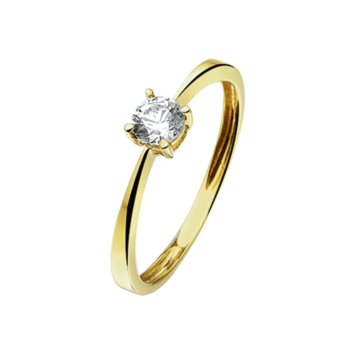 14k geelgouden solitair ring met een zirkonia, gezet in een chaton met vier zetpoten