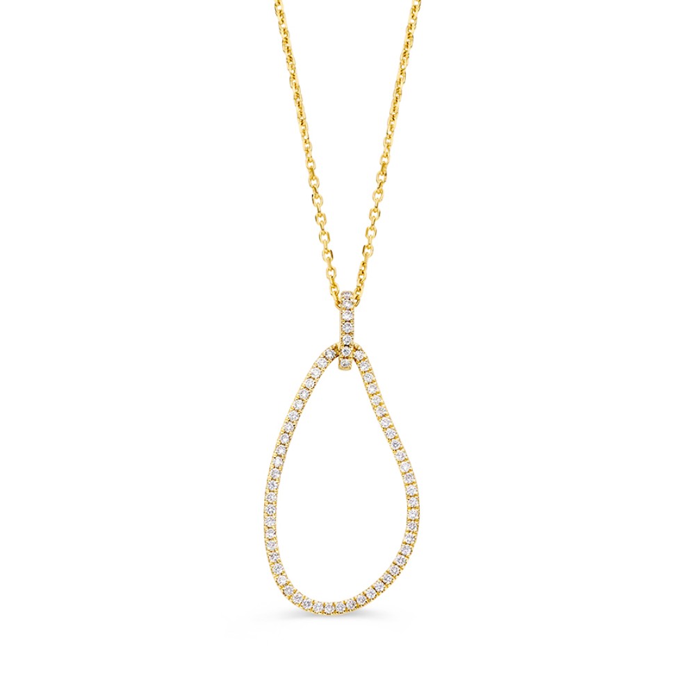 Elegante, geelgouden hanger in organische vorm. De hanger is gezet met fonkelende briljanten. De hanger wordt geleverd met een 14kt gouden collier met ankerschakel.
