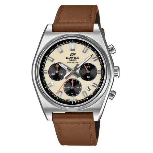 Casio Edifice edelstaal horloge, chrono quartz uurwerk, saffier glas, lerenband 