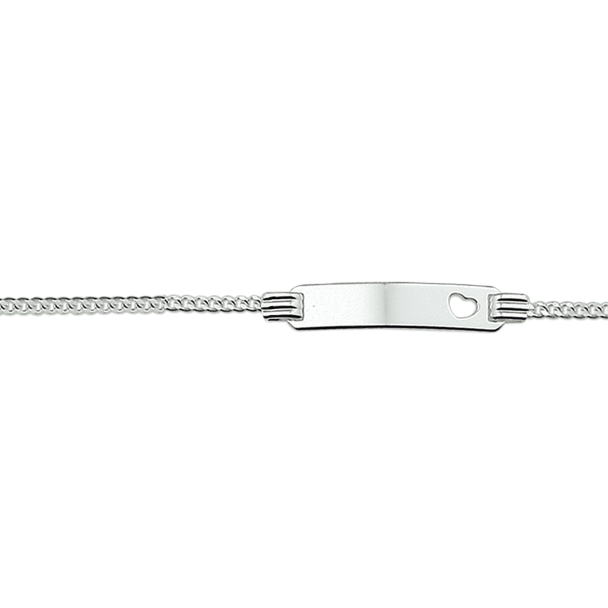 Zilveren graveerarmband met een gestanst hartje. De lengte bedraagt 11cm met 2cm extensie. De breedte van de graveerplaat bedraagt 4.2mm.