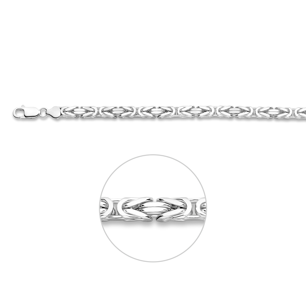 Zilveren lengte artikel met konings schakel. De schakelbreedte is 6.0mm.