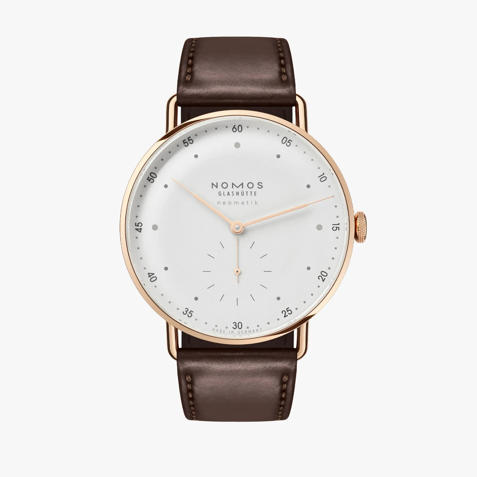 een polshorloge Nomos Model Metro in 18 krt rose goud met een lerenband.