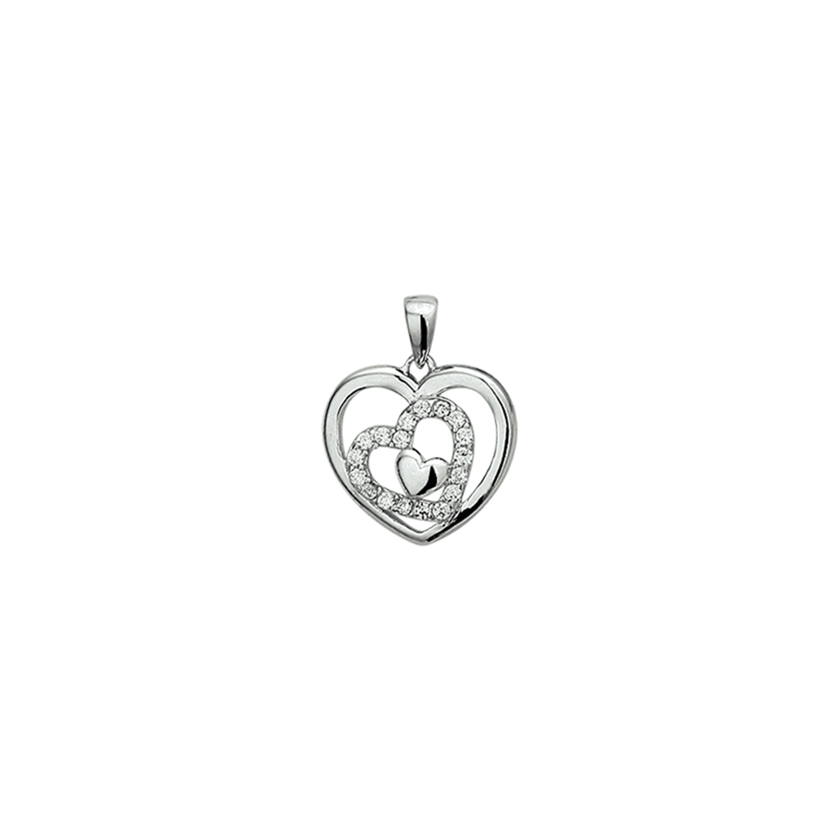 Gerhodineerd 925 zilveren hanger met een hart en zirkonia. De hanger heeft een afmeting van 14x14.7mm.