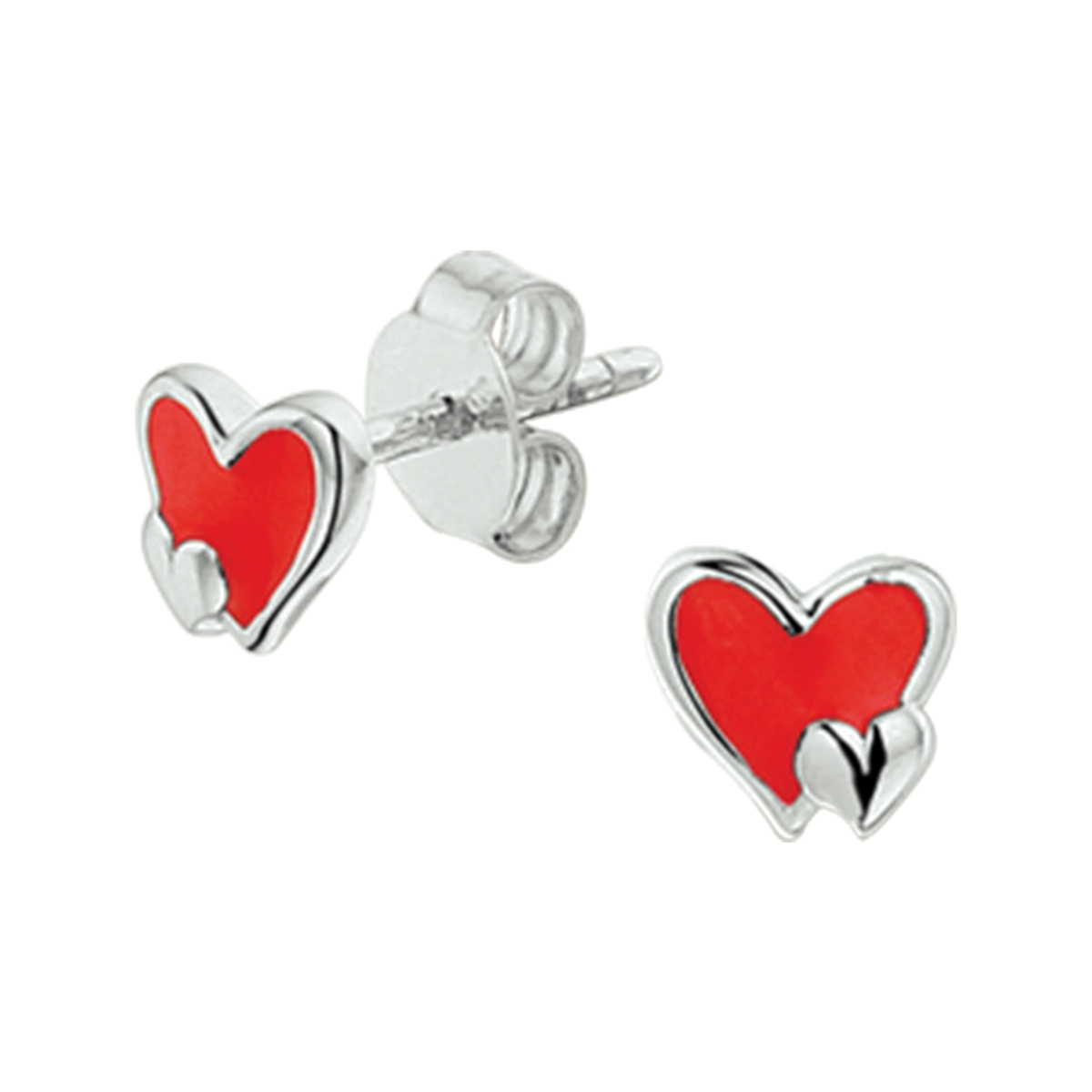 Gerhodineerd zilveren oorknoppen in de vorm van een hartje en ingelegd met rode en roze emaille. De oorknoppen hebben een afmeting van 5x5.5mm en is uitgevoerd met een pouchette sluiting. Deze oorsieraden zijn te combineren met bijpassende sieraden uit onze collectie.