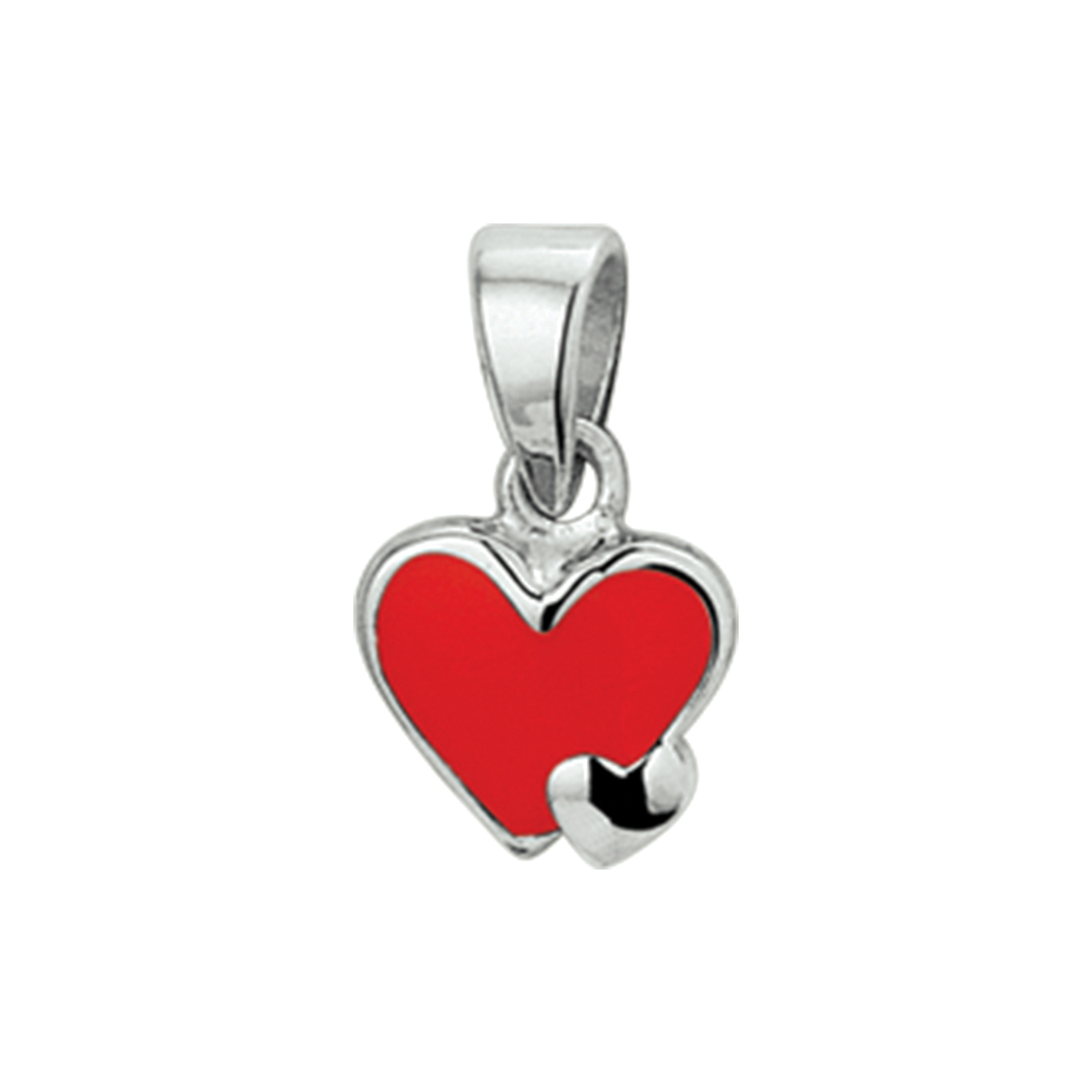 Gerhodineerd zilveren hart met rood emaille in een poli afwerking. De hanger heeft een afmeting van 7x7.5mm en is uitgevoerd met een stevig oog. De ze hanger is te combineren met bijpassende sieraden uit onze collectie.