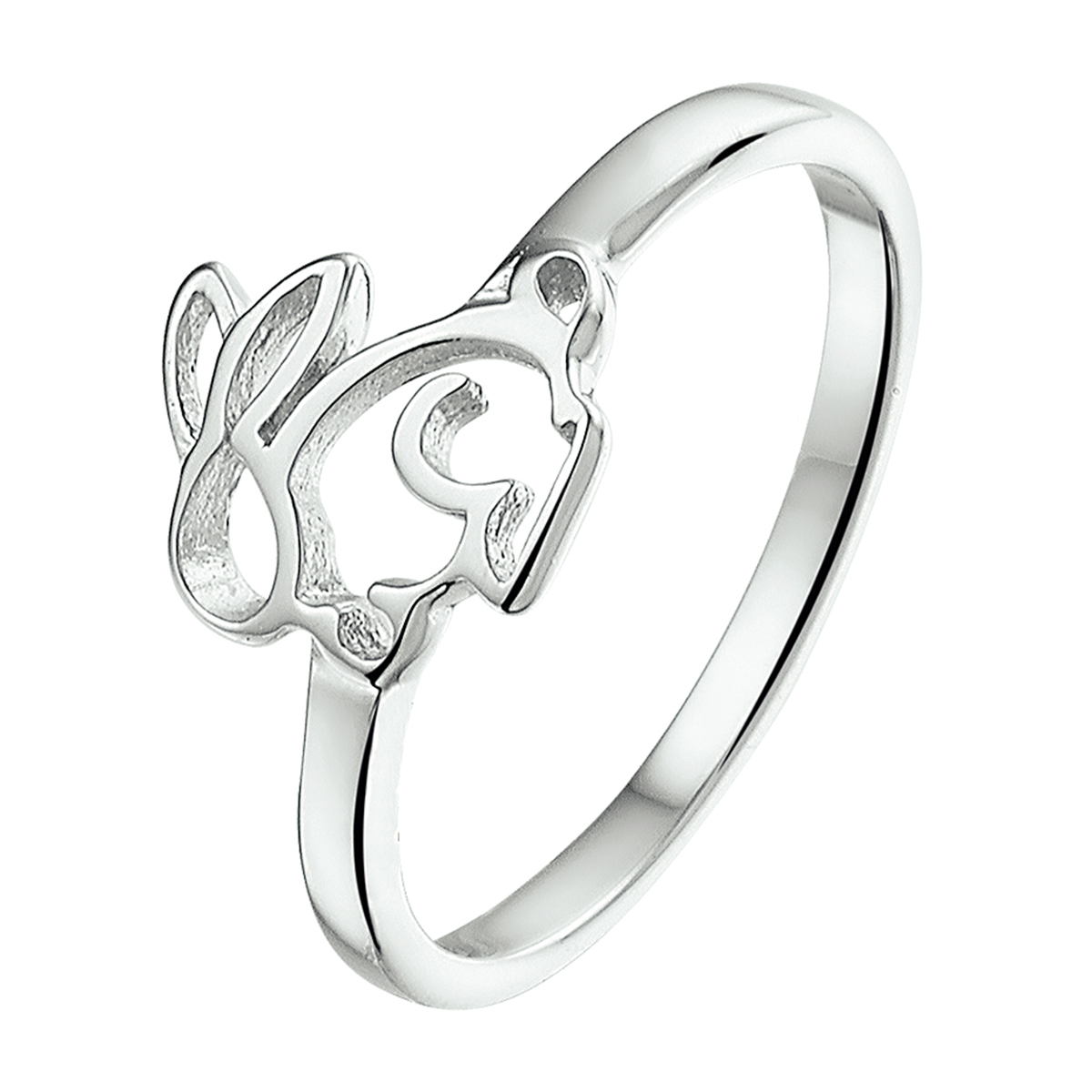 Gerhodineerd zilveren opengewerkte konijn ring uitgevoerd met een poli afwerking. De ring is er in verschillende maten en heeft een breedte van 9mm. U kunt deze ring combineren met bijpassende sieraden uit onze collectie.
