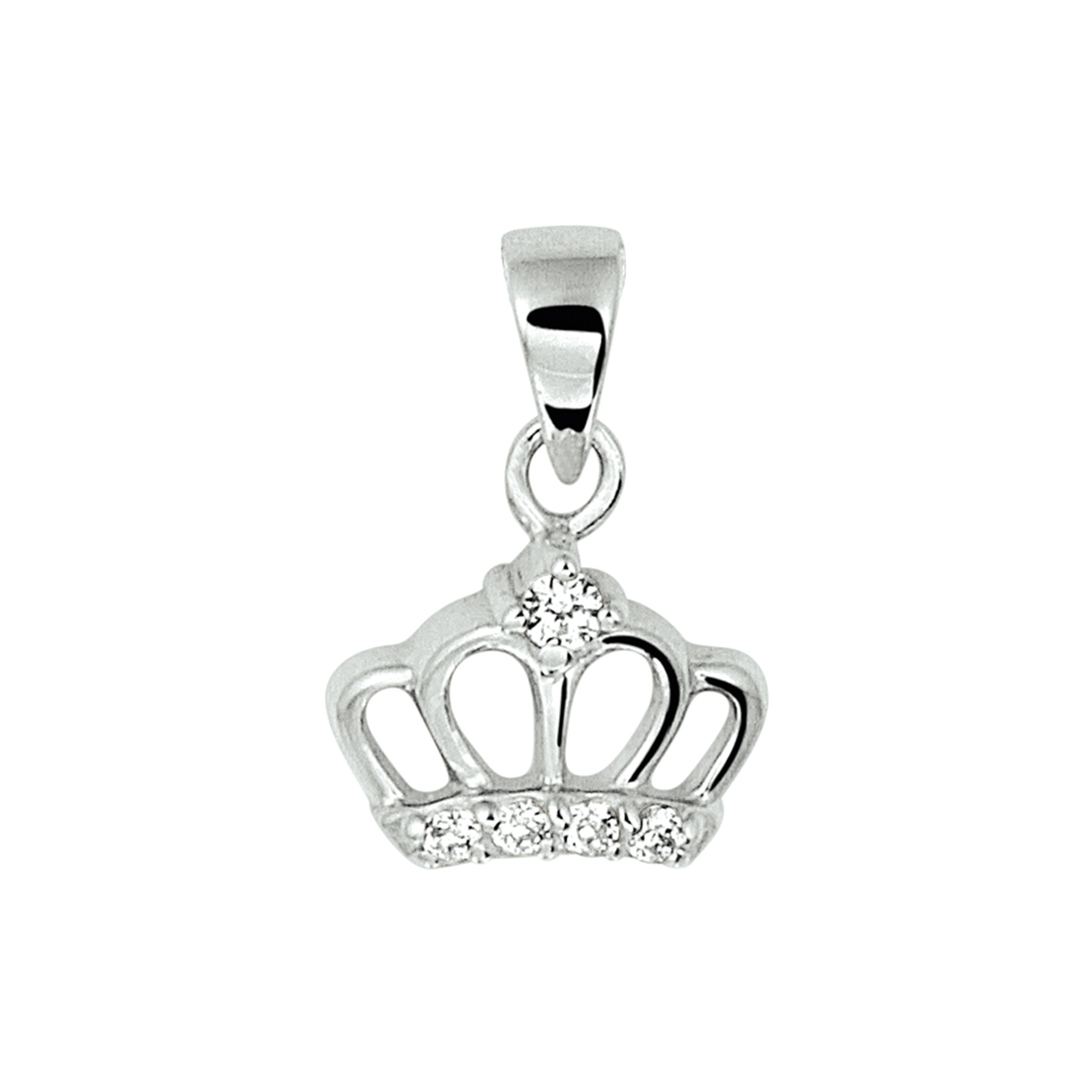 Schattige gerhodineerd zilveren hanger in de vorm van een kroontje met een afmeting van 15x10mm. Uitgevoerd met schitterende zirkonia en een stevige poussette sluiting. Deze hanger is perfect te combineren met bijpassende sieraden uit onze collectie. Tip: Leuk om kado te geven! Info: Gerhodineerd zilver is door de rhodiumlaag beter bestand tegen verkleuren en krassen.
