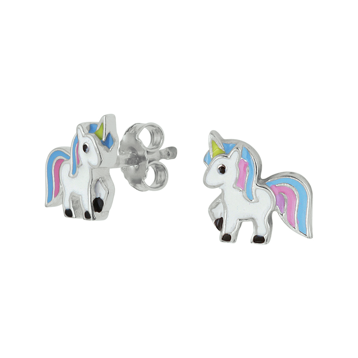Schattige gerhodineerd zilveren fantasie eenhoorn oorknoppen met een afmeting van 8.5x8.5mm. Deze oorknoppen zijn perfect te combineren met bijpassende sieraden uit onze collectie. Tip: Leuk om kado te geven zie je ze al stralen!? Info: Gerhodineerd zilver is door de rhodiumlaag beter bestand tegen verkleuren en krassen.