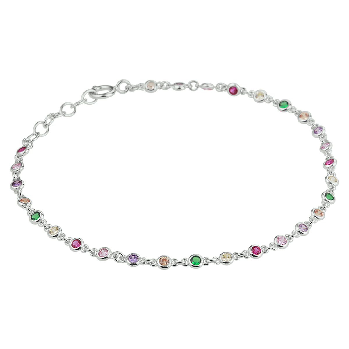 Gerhodineerd 925 zilveren armband uitgevoerd met een schitterende gekleurde zirkonia rij. De armband heeft een draaglengte van 16.5cm met een extensie van 2cm en een breedte van 3mm.