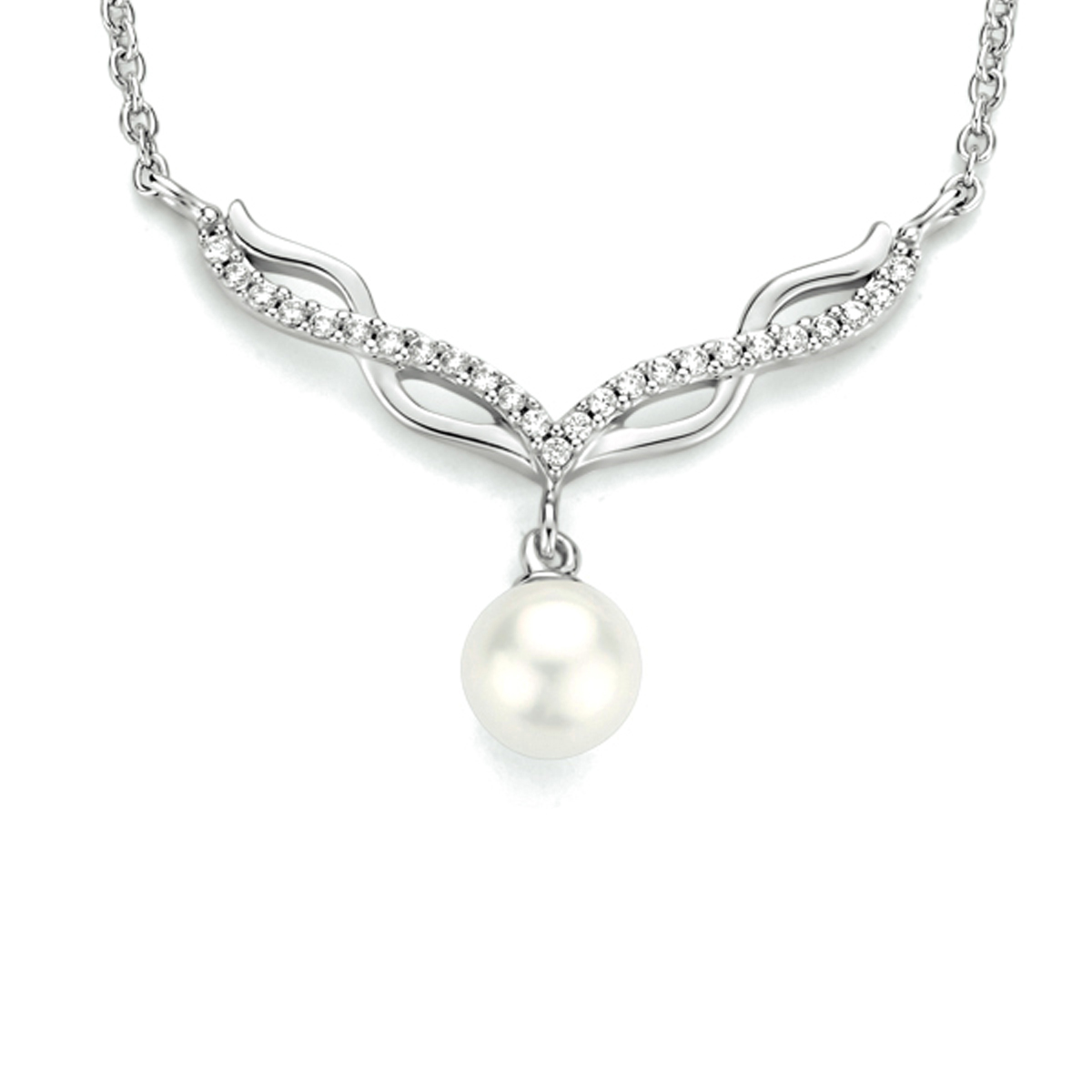 zilveren collier, fijn/zirconias+ parel