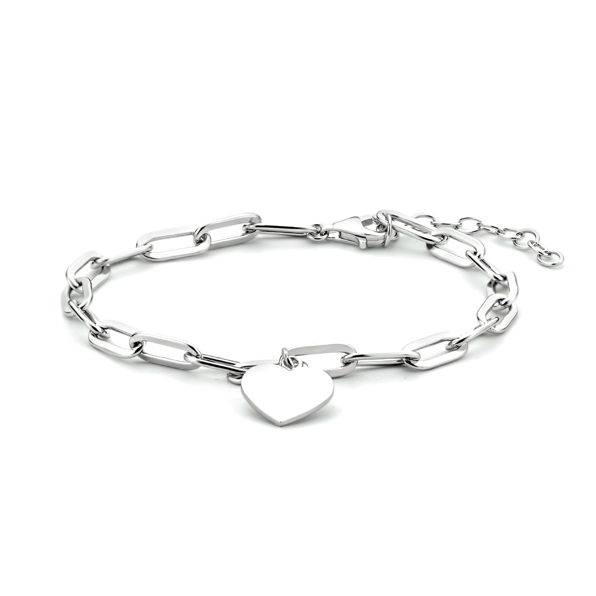 Gerhodineerd 925 zilveren paperclip armband uitgevoerd met een hartje van 9.5x10.5mm, met een dikte van 0.9mm en een stevige karabijn sluiting. De armband heeft een draaglengte van 16cm en een extensie van 3cm. De schakelbreedte is 4.0mm.